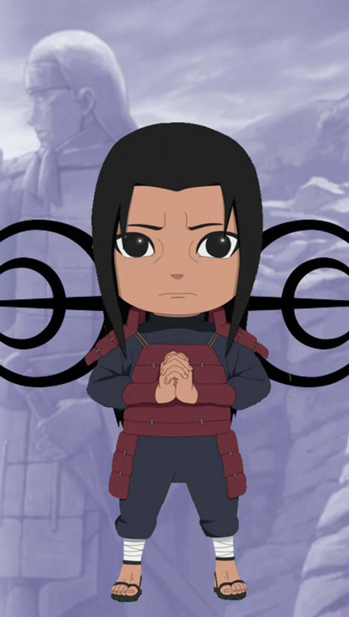Chibi anime character, red armor, faded ninja silhouette, SD Phone Wallpaper