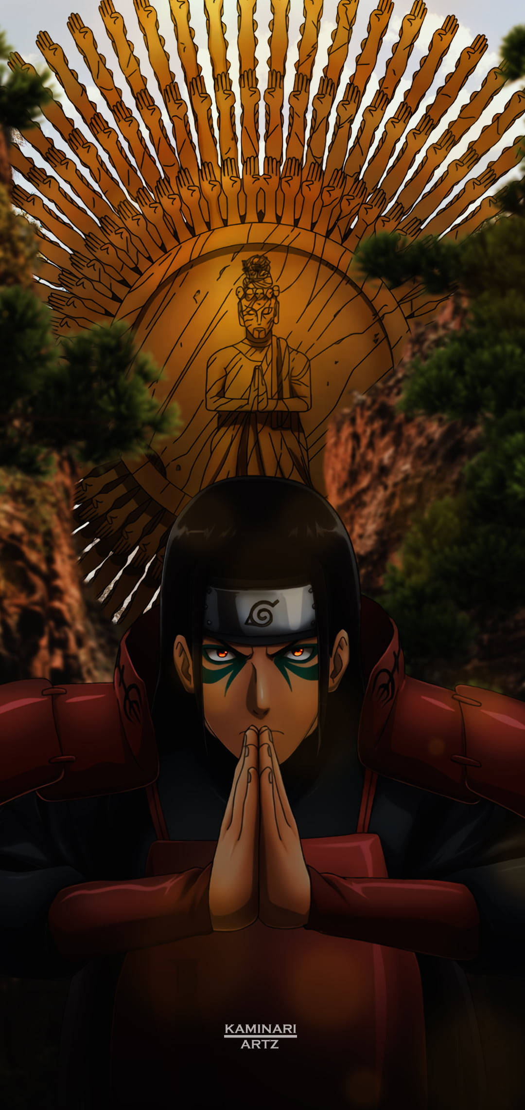 Hashirama Senju, red armor, golden sunburst statue, Full HD Phone Wallpaper