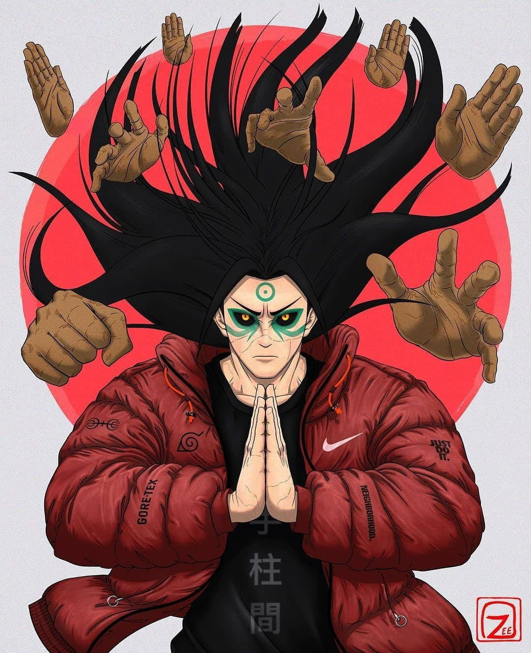 Hashirama Senju, red puffer jacket, red sun backdrop, HD Phone Wallpaper