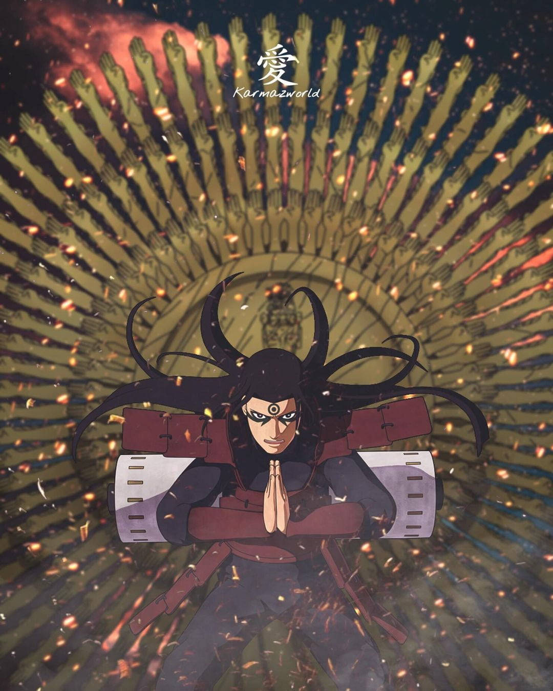 Hashirama Senju, 1000 Hands Flames, black hair, HD Phone Wallpaper