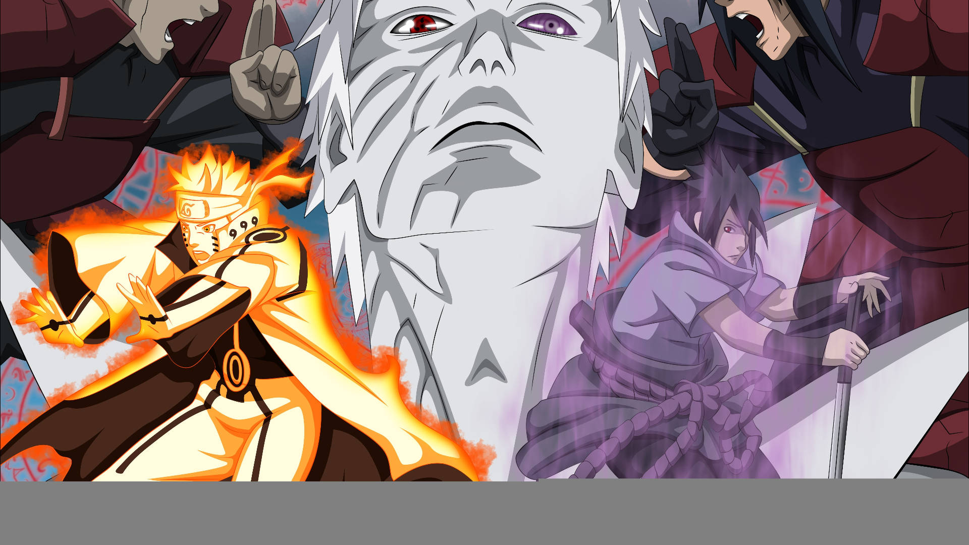 Hashirama Senju, five characters, fiery orange and purple energy effects, Full HD Desktop Wallpaper