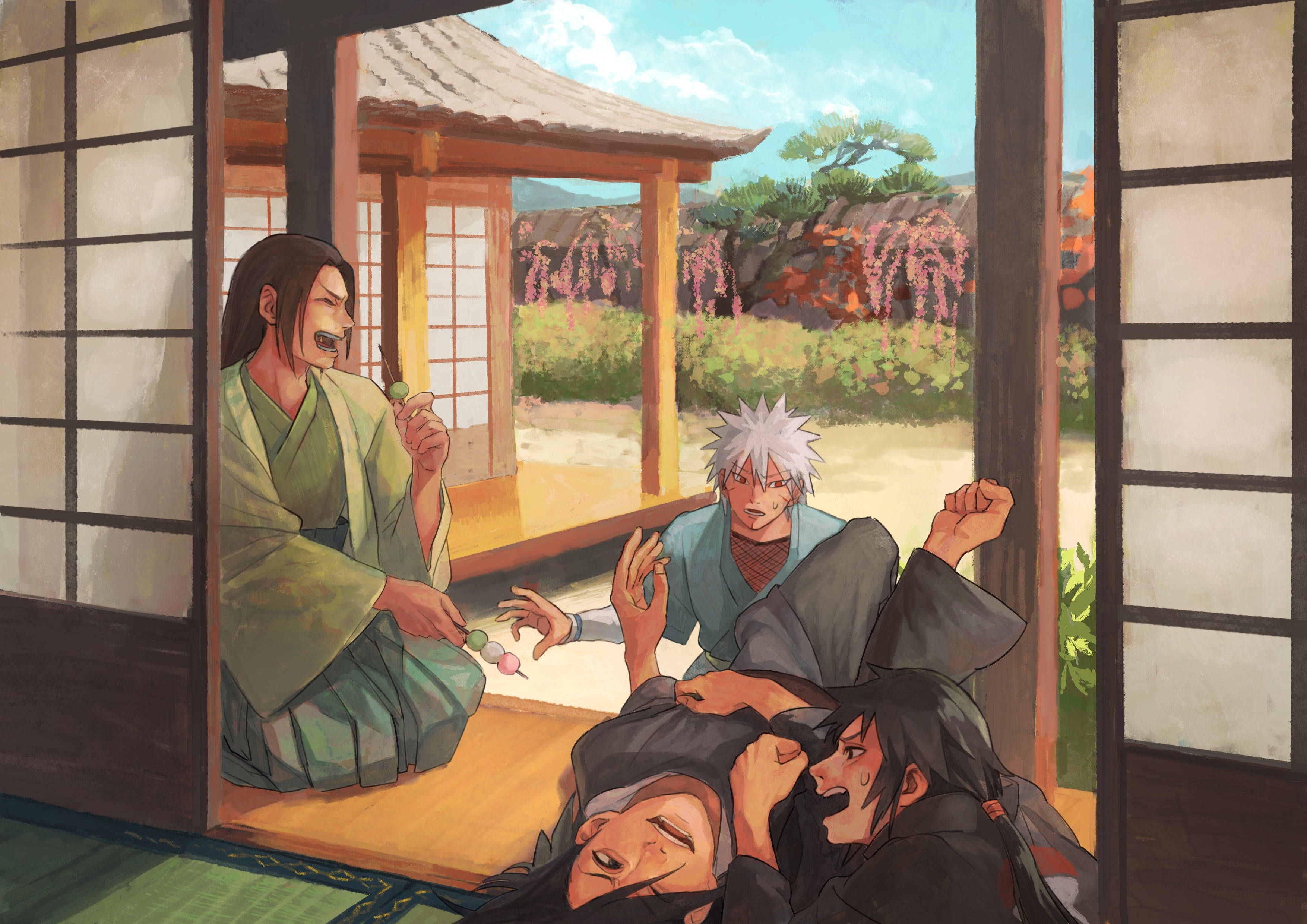 Hashirama Senju, traditional Japanese room, cherry blossoms, 2K Desktop Wallpaper