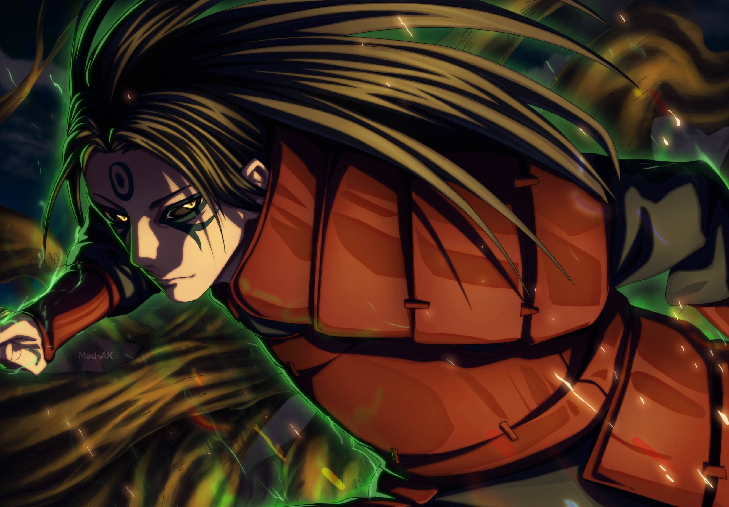 Hashirama Senju, glowing green chakra, orange armor, Full HD Desktop Wallpaper