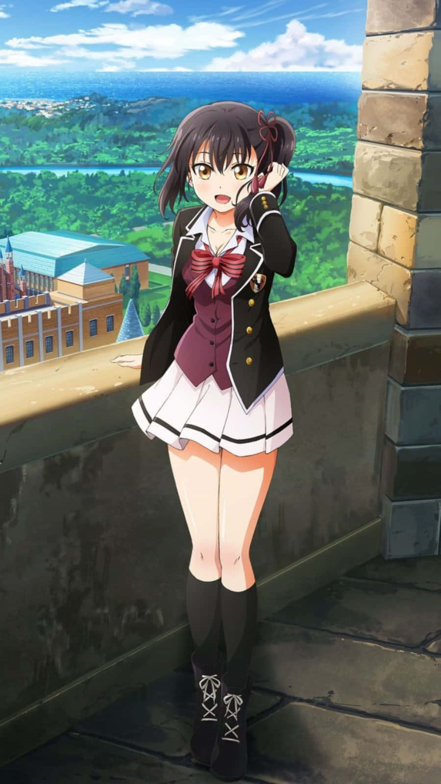 Hasuki Komai, school uniform, stone balcony, HD Phone Wallpaper