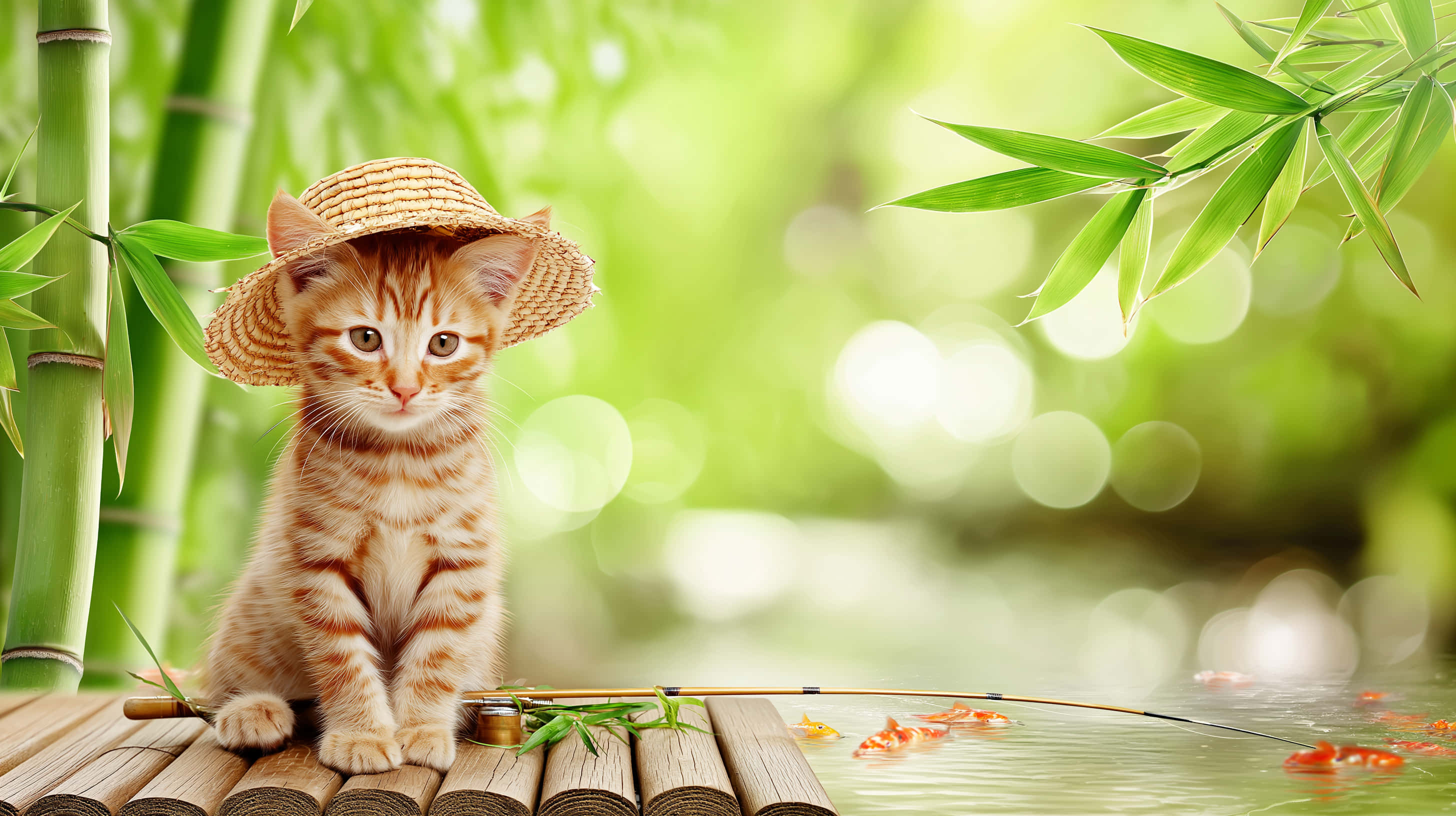 tabby kitten, straw hat, bamboo bridge, 2K Desktop Wallpaper