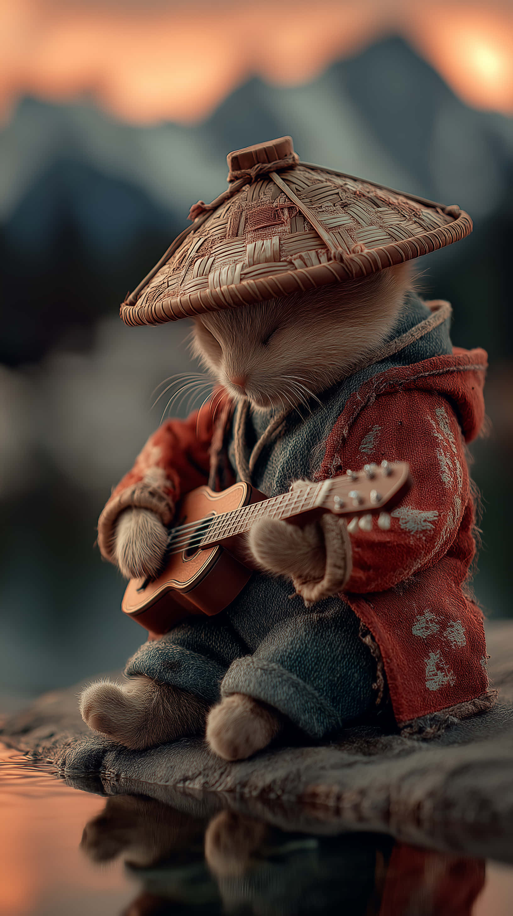 adventurous cat musician, woven hat, red robe, 2K Phone Wallpaper