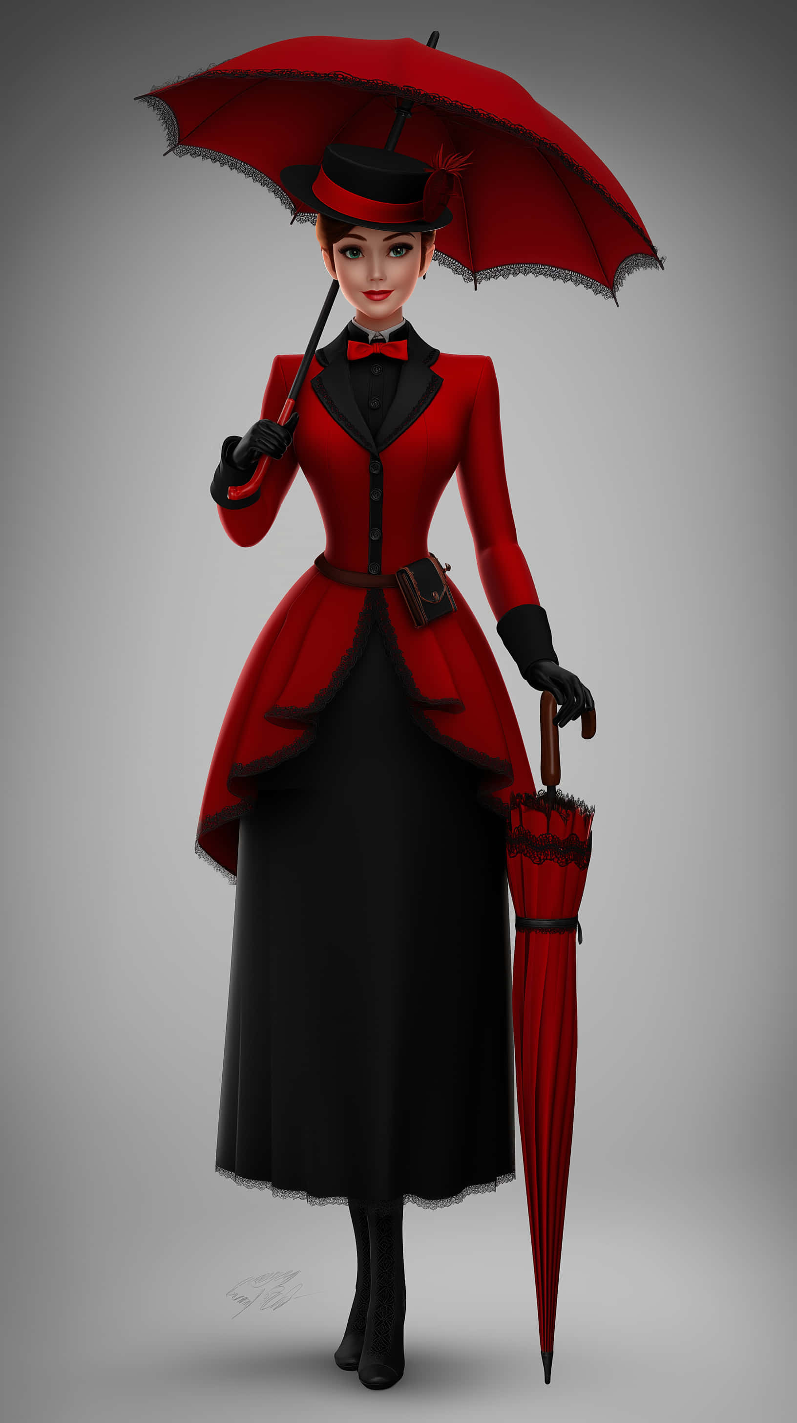 red and black vintage outfit, matching red umbrella, neutral gray background, 2K Phone Wallpaper