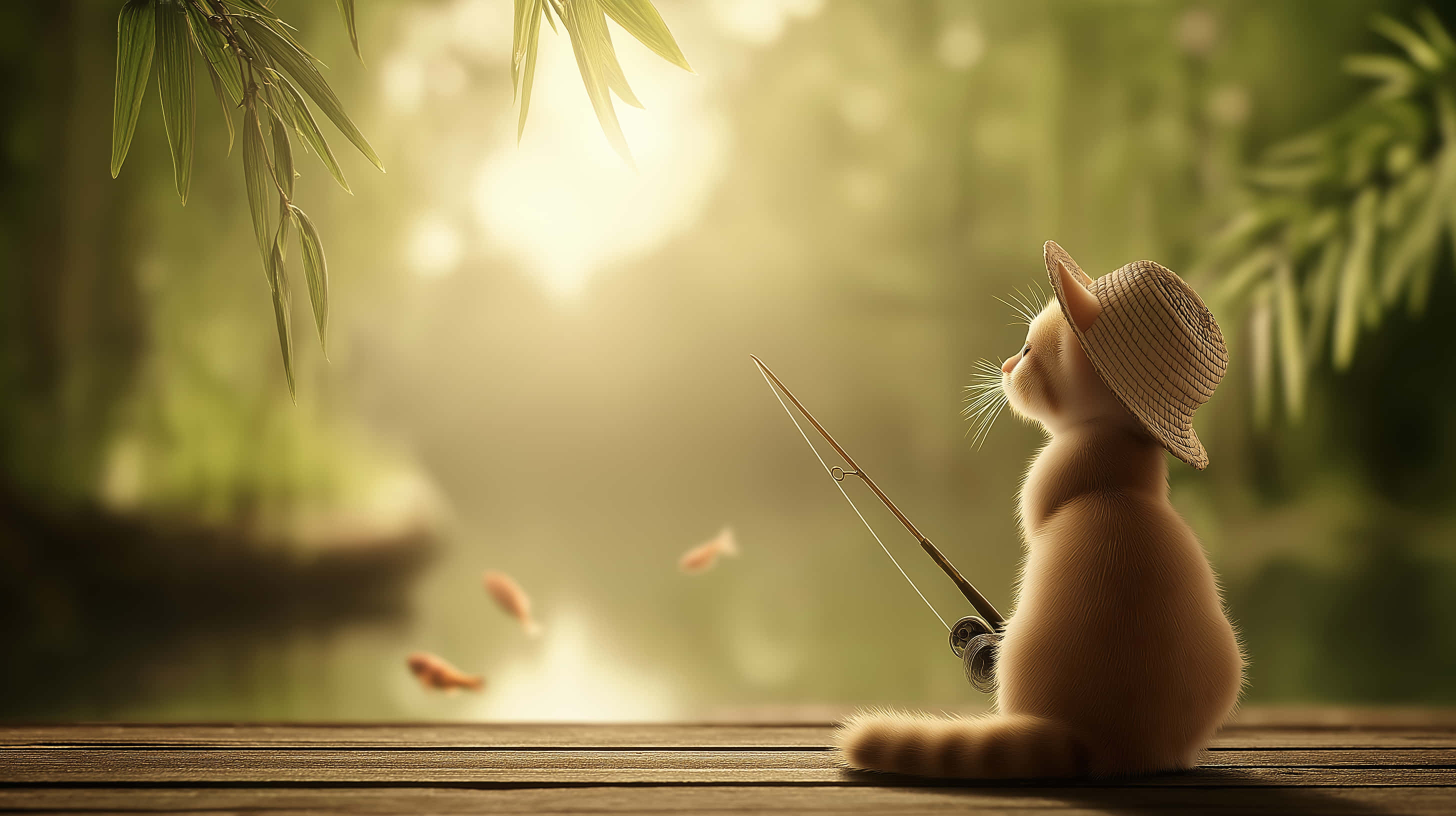 tabby kitten, straw hat, wooden dock, 2K Desktop Wallpaper