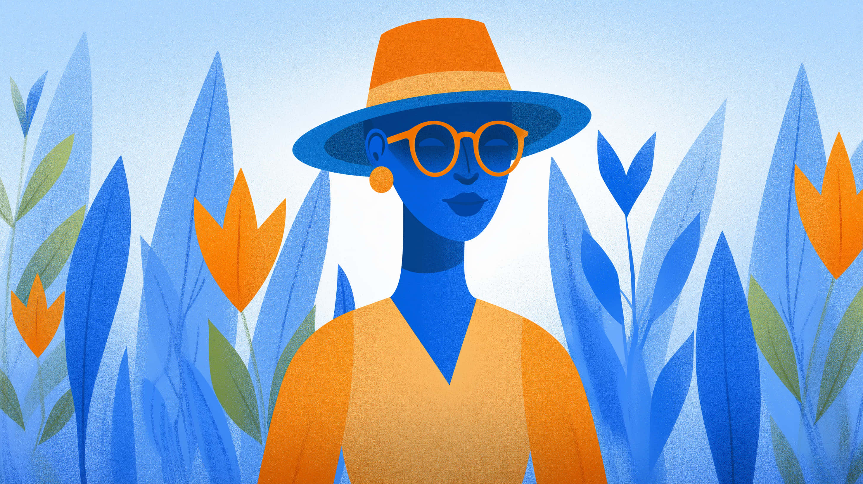 blue-skinned woman, orange hat, glasses, 2K Desktop Wallpaper
