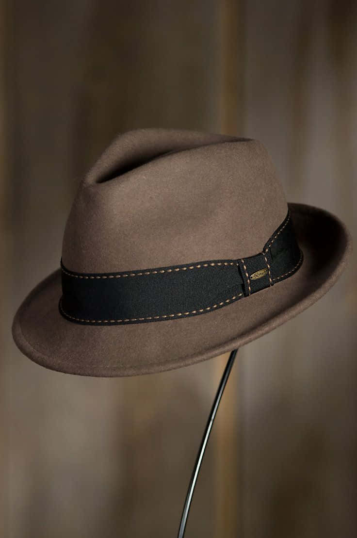 brown felt fedora, black ribbon band, gold stitching, SD Phone Wallpaper