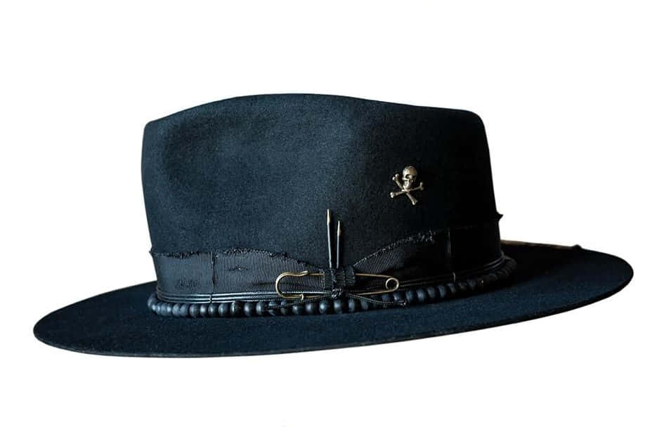 dark blue felt fedora, skull and crossbones pin, beaded trim, SD Desktop Wallpaper