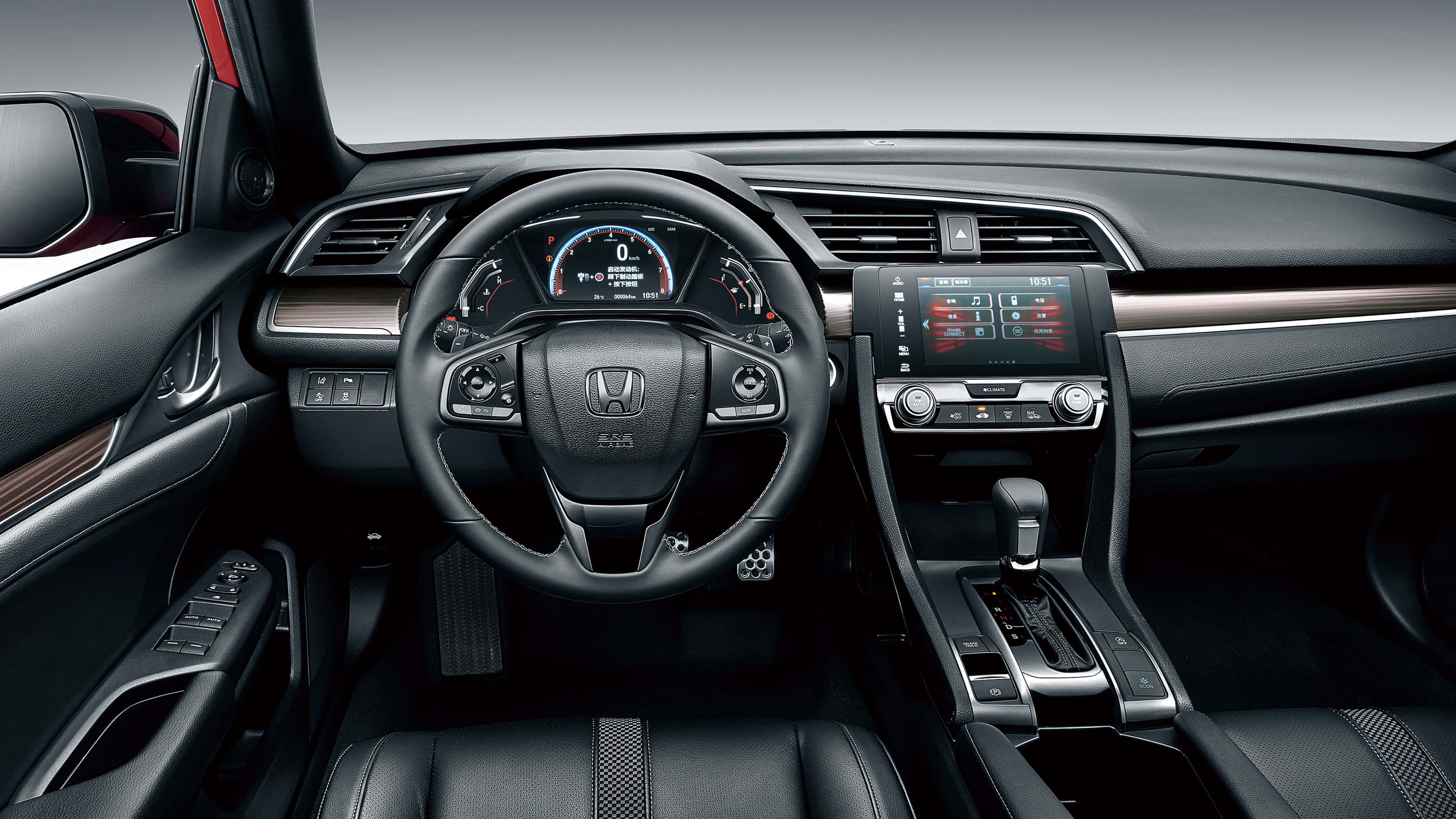 Red Hatchback, black leather seats, digital dashboard, 4K Desktop Wallpaper