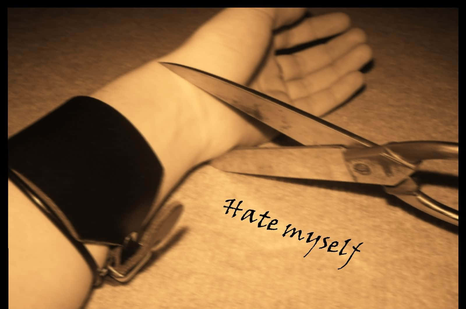 Hate Me, black cuff, scissors, HD Desktop Wallpaper