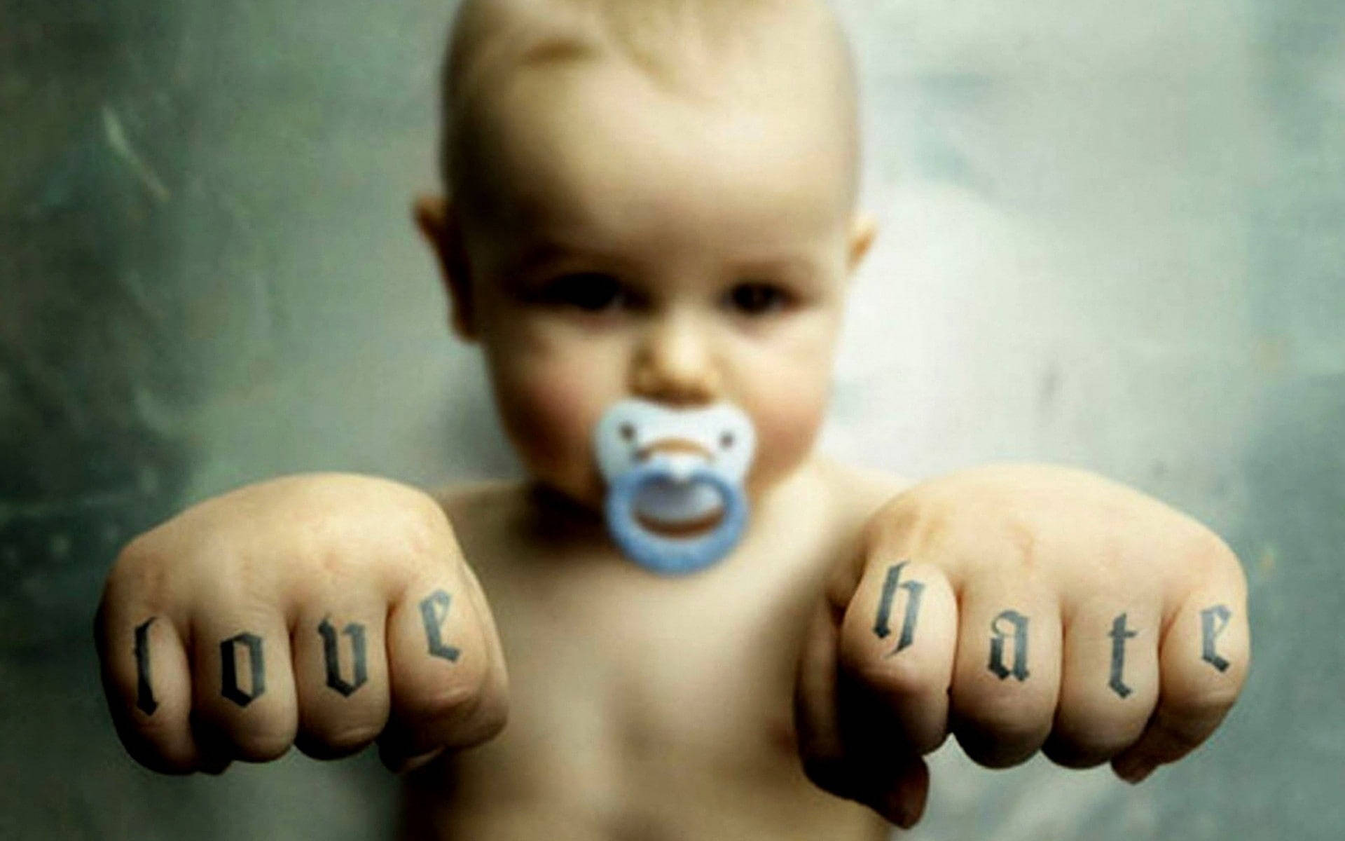 Hate Love Toddler, tattooed fists, pacifier, Full HD Desktop Wallpaper