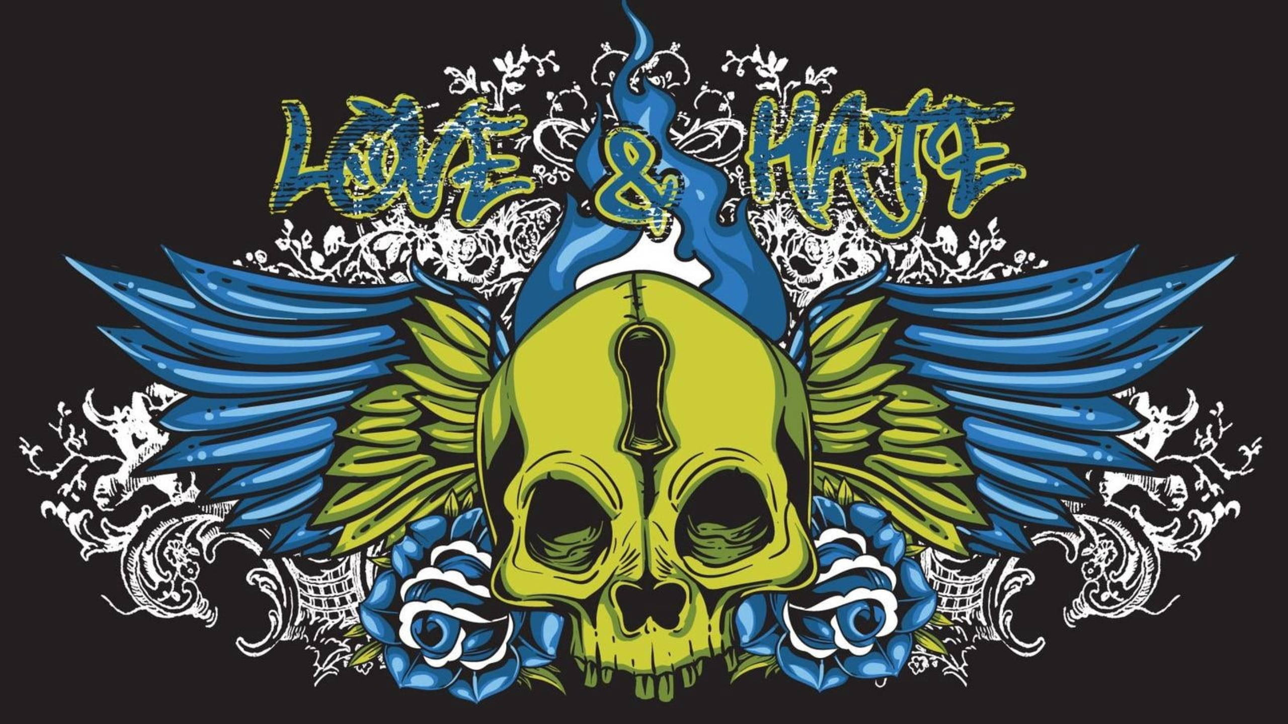 Hate, LOVE & HATE, vibrant green skull, 2K Desktop Wallpaper