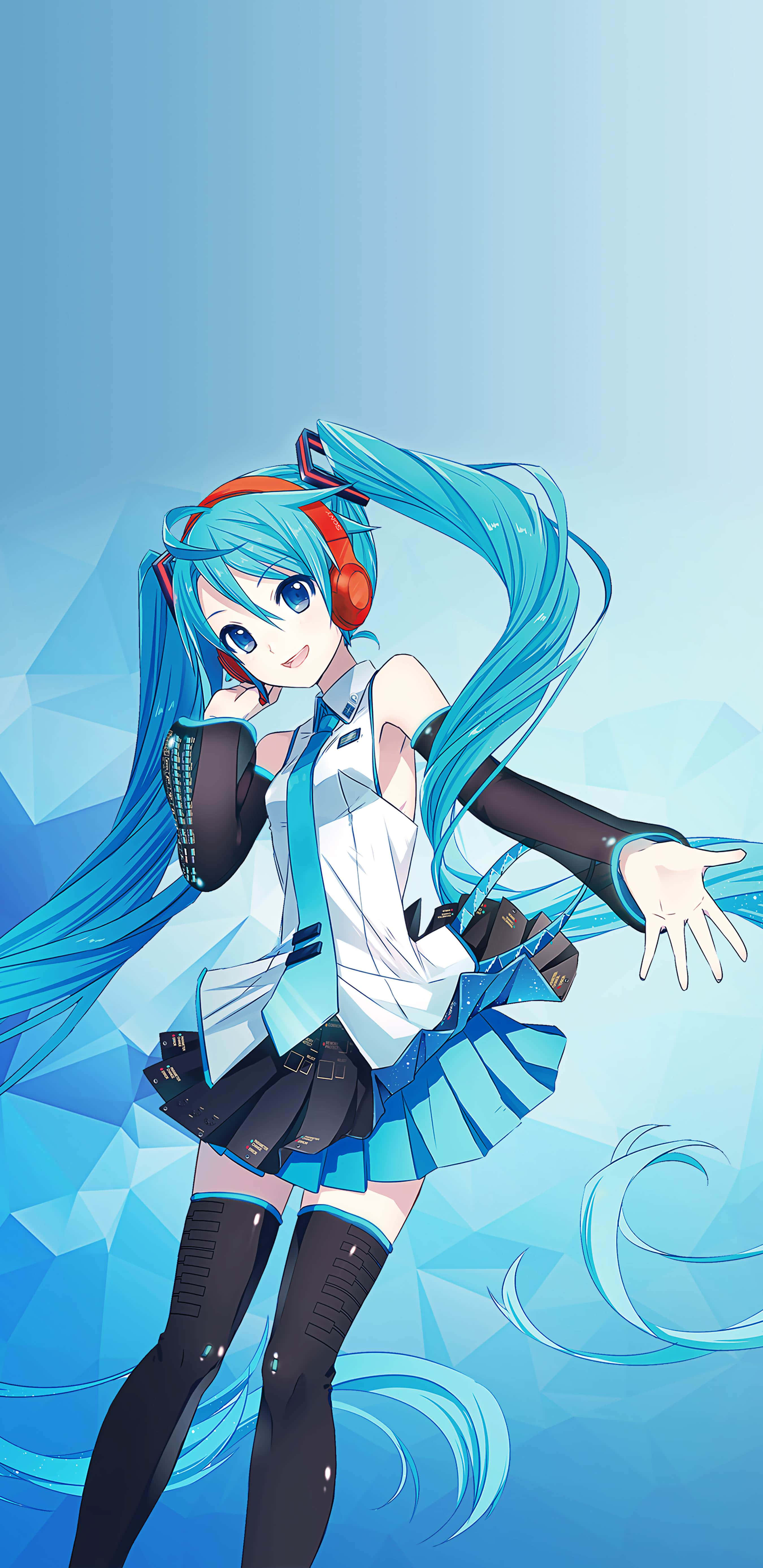 Hatsune Miku, turquoise twin tails, red headphones, 5K Phone Wallpaper