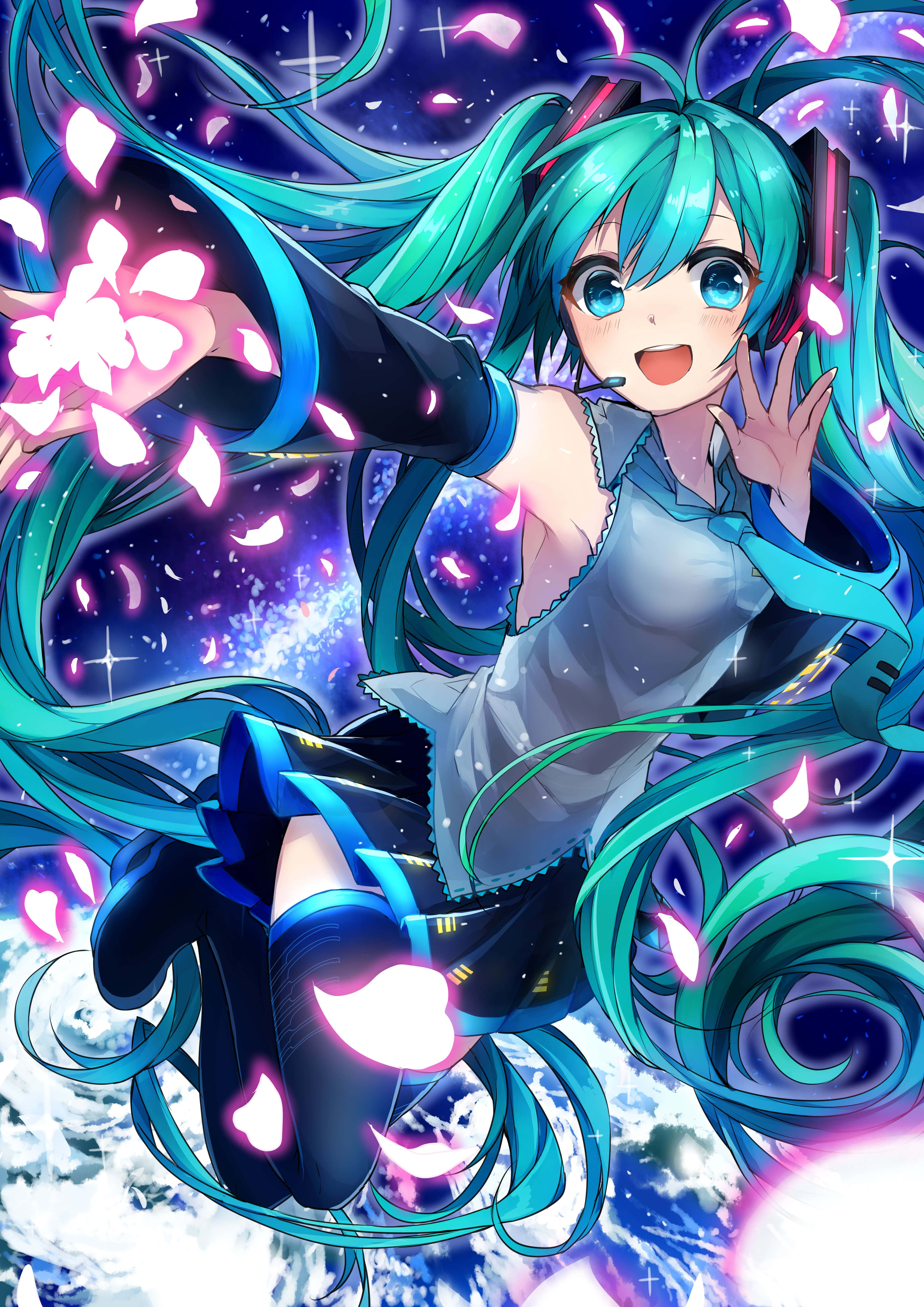 Hatsune Miku, turquoise hair, glowing pink cherry blossoms, 5K Phone Wallpaper