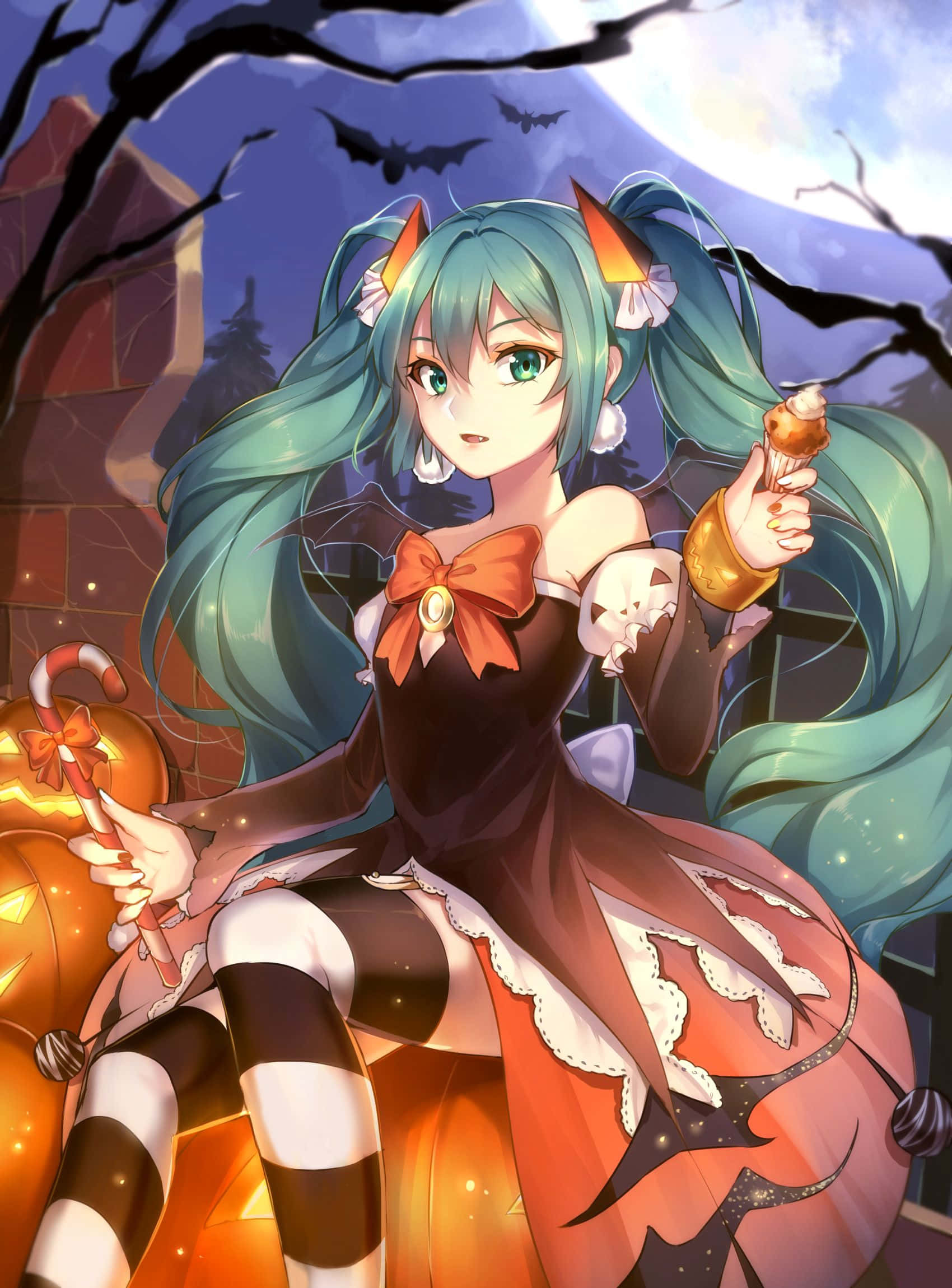 Hatsune Miku, Halloween witch outfit, teal-haired anime girl, Full HD Phone Wallpaper