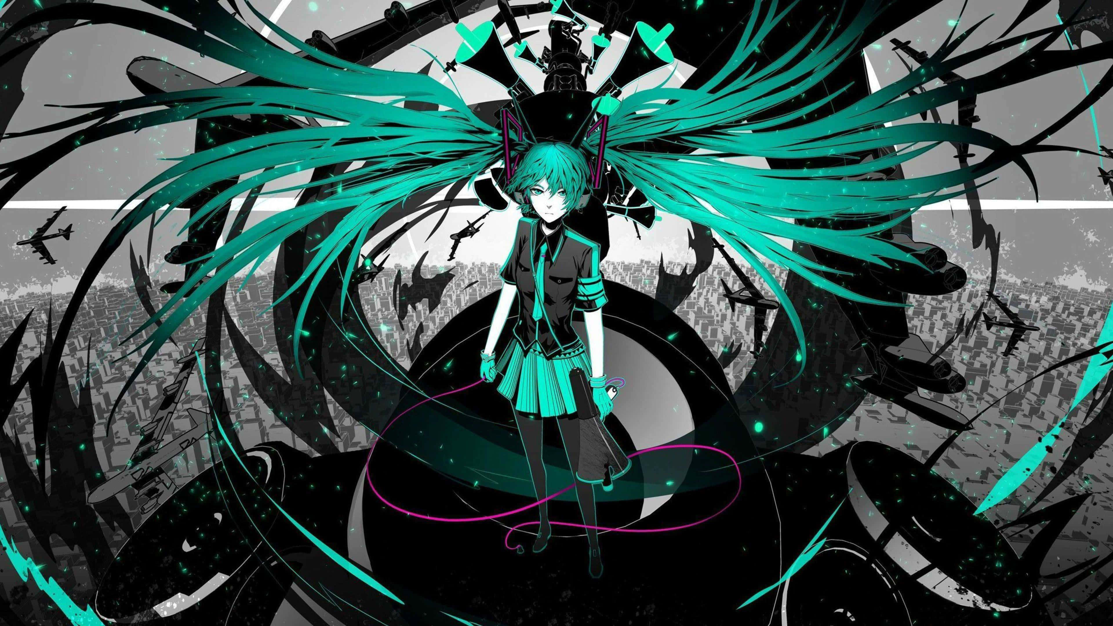 Hatsune Miku, teal-haired, swirling dark machinery, 4K Desktop Wallpaper