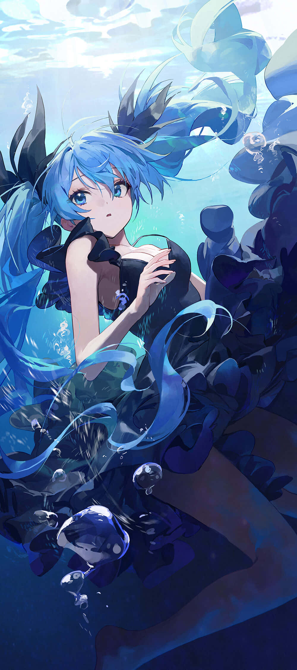 Hatsune Miku, blue-haired anime girl, dark dress, Full HD Phone Wallpaper