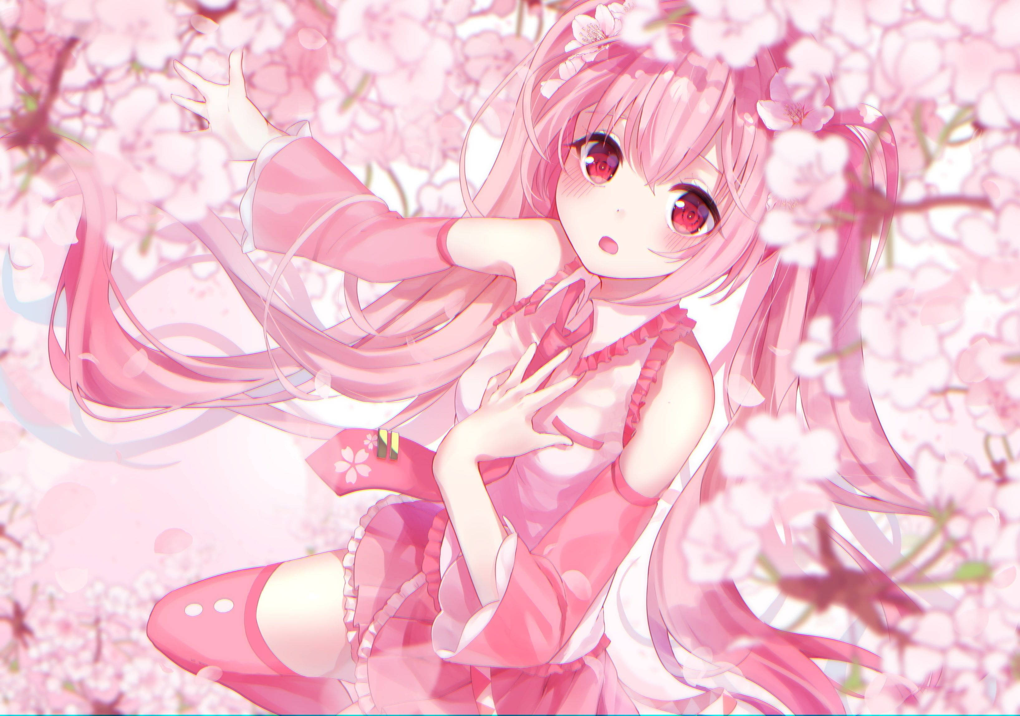 Hatsune Miku, pink-haired, pink dress, 2K Desktop Wallpaper