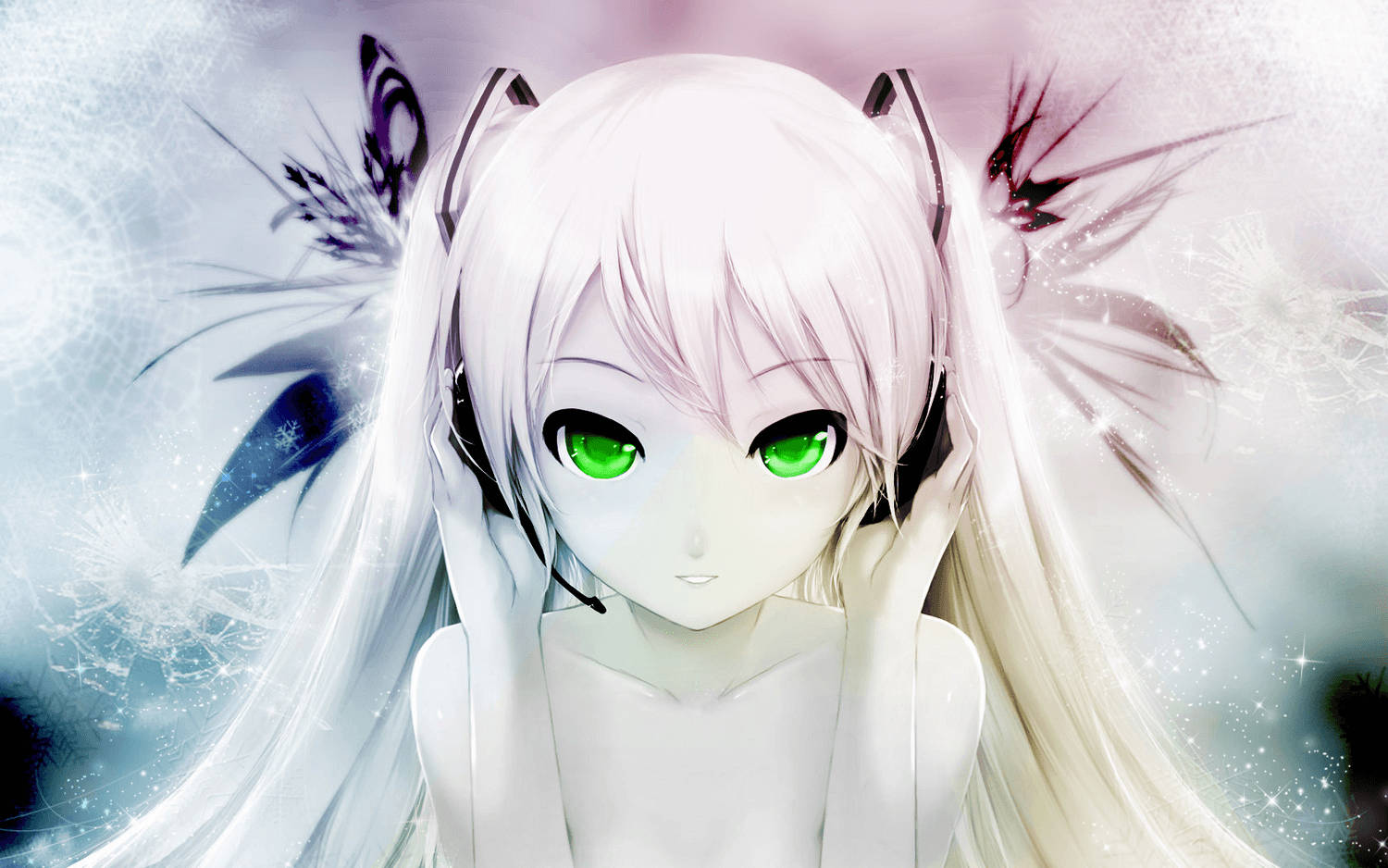Hatsune Miku, white hair, glowing green eyes, HD Desktop Wallpaper