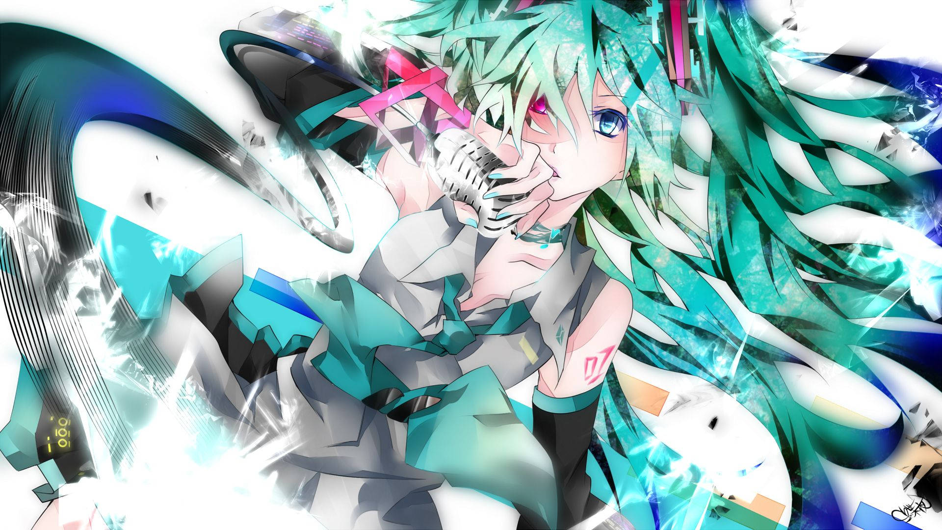Hatsune Miku, teal hair, glowing digital shards, Full HD Desktop Wallpaper