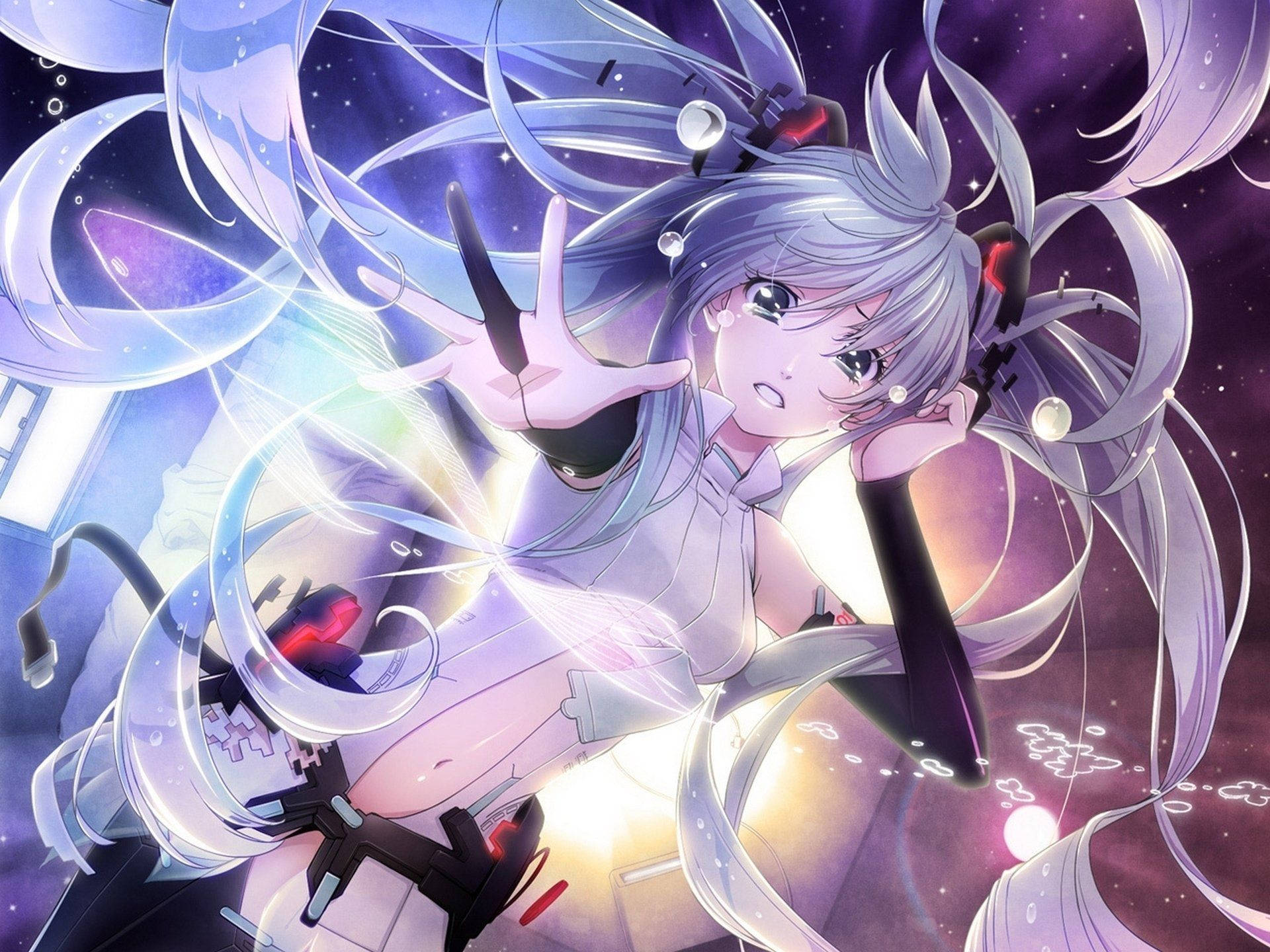 Hatsune Miku, silver hair, glowing energy swirls, Full HD Desktop Wallpaper