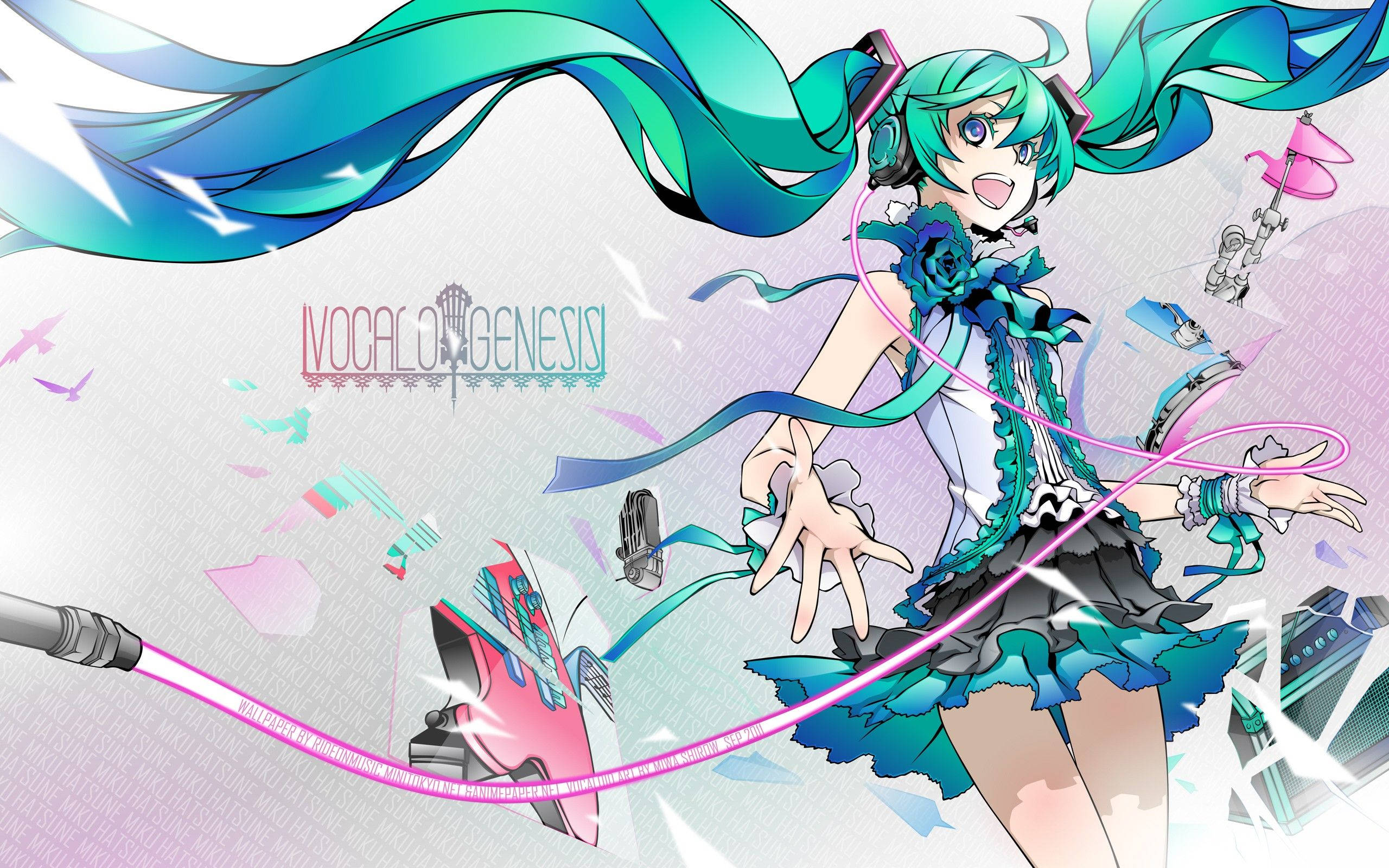 Hatsune Miku, turquoise twin tails, futuristic outfit, 2K Desktop Wallpaper