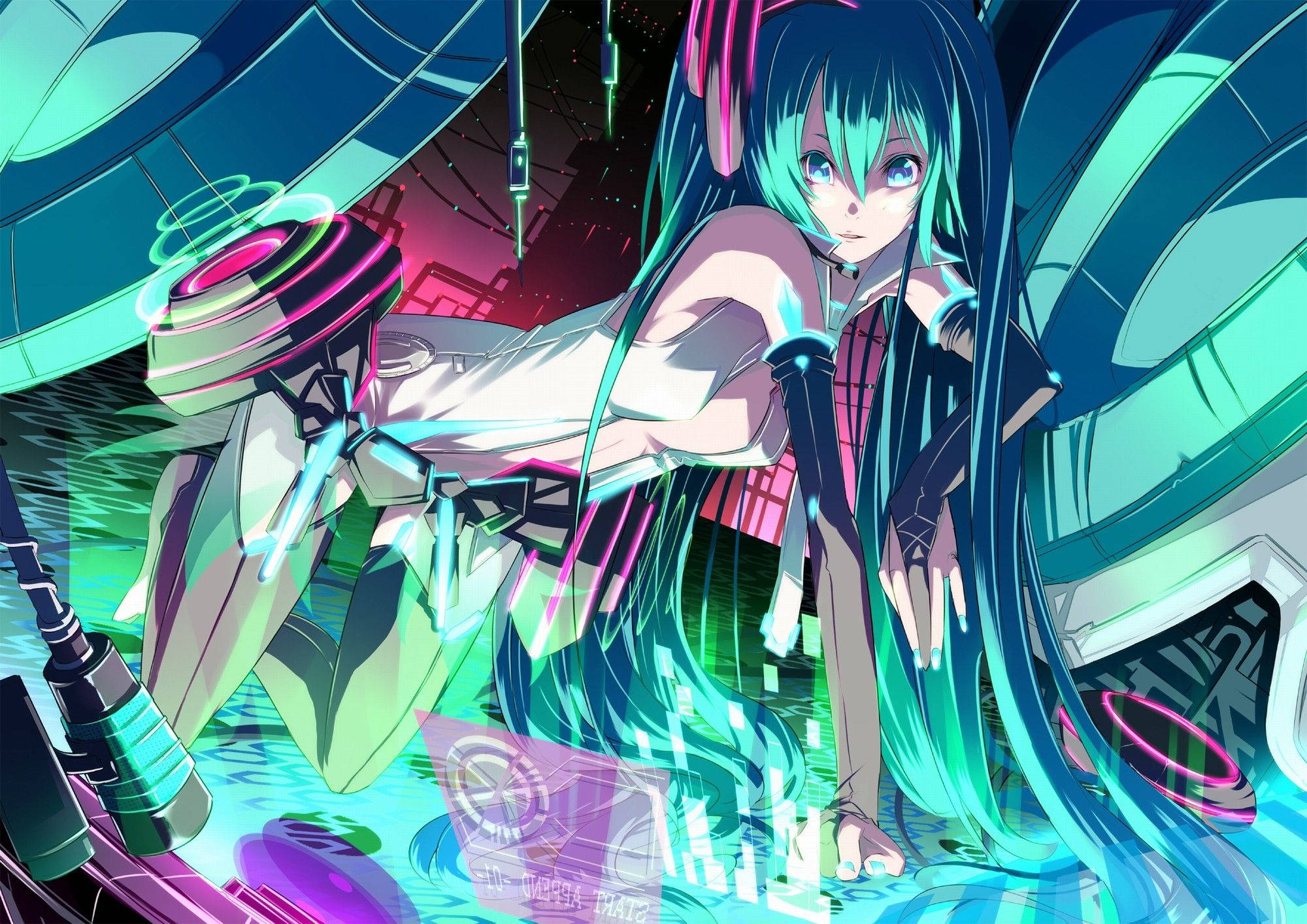 Hatsune Miku, teal hair, glowing pink accents, Full HD Desktop Wallpaper