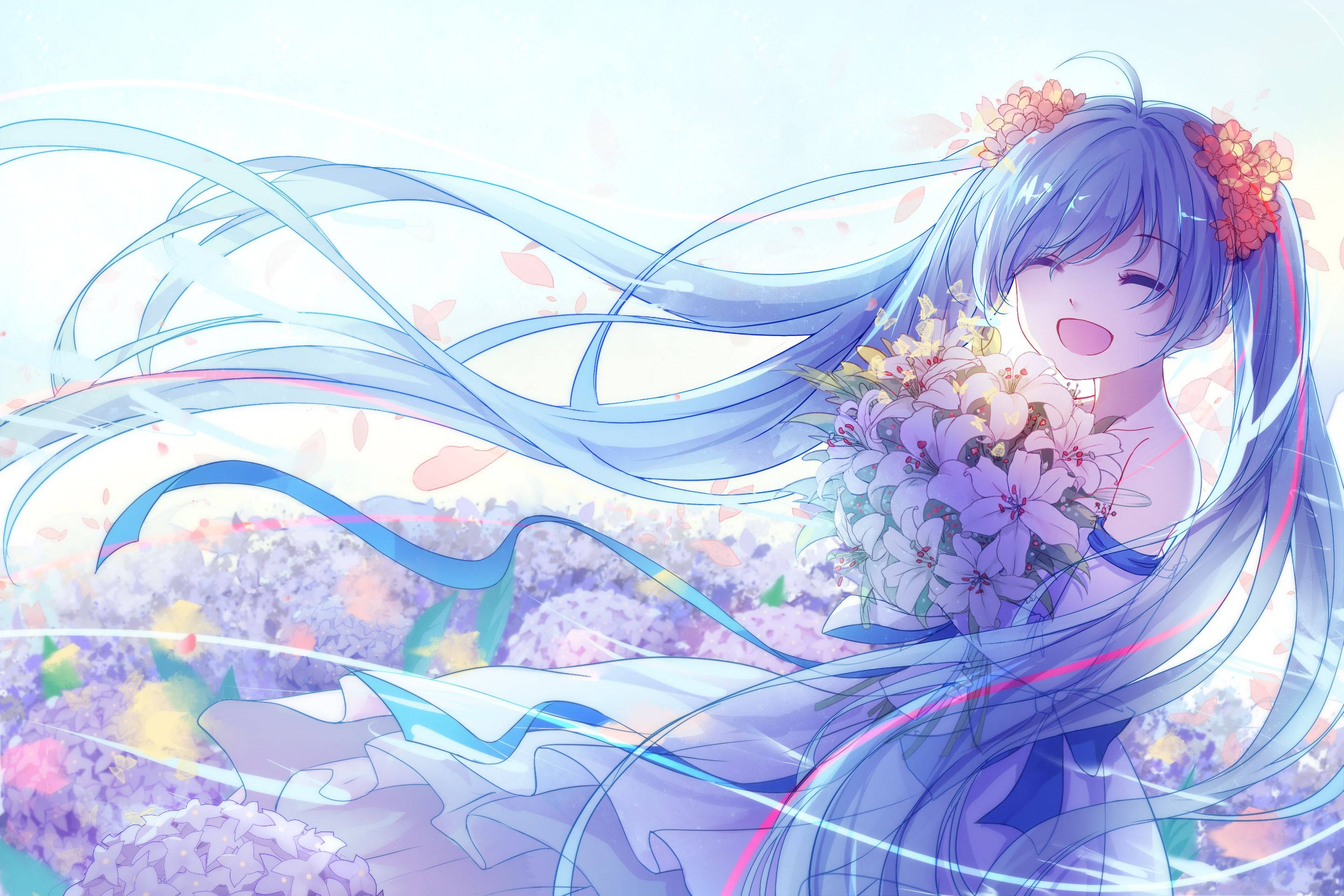 Hatsune Miku, blue hair, floral crown, 2K Desktop Wallpaper