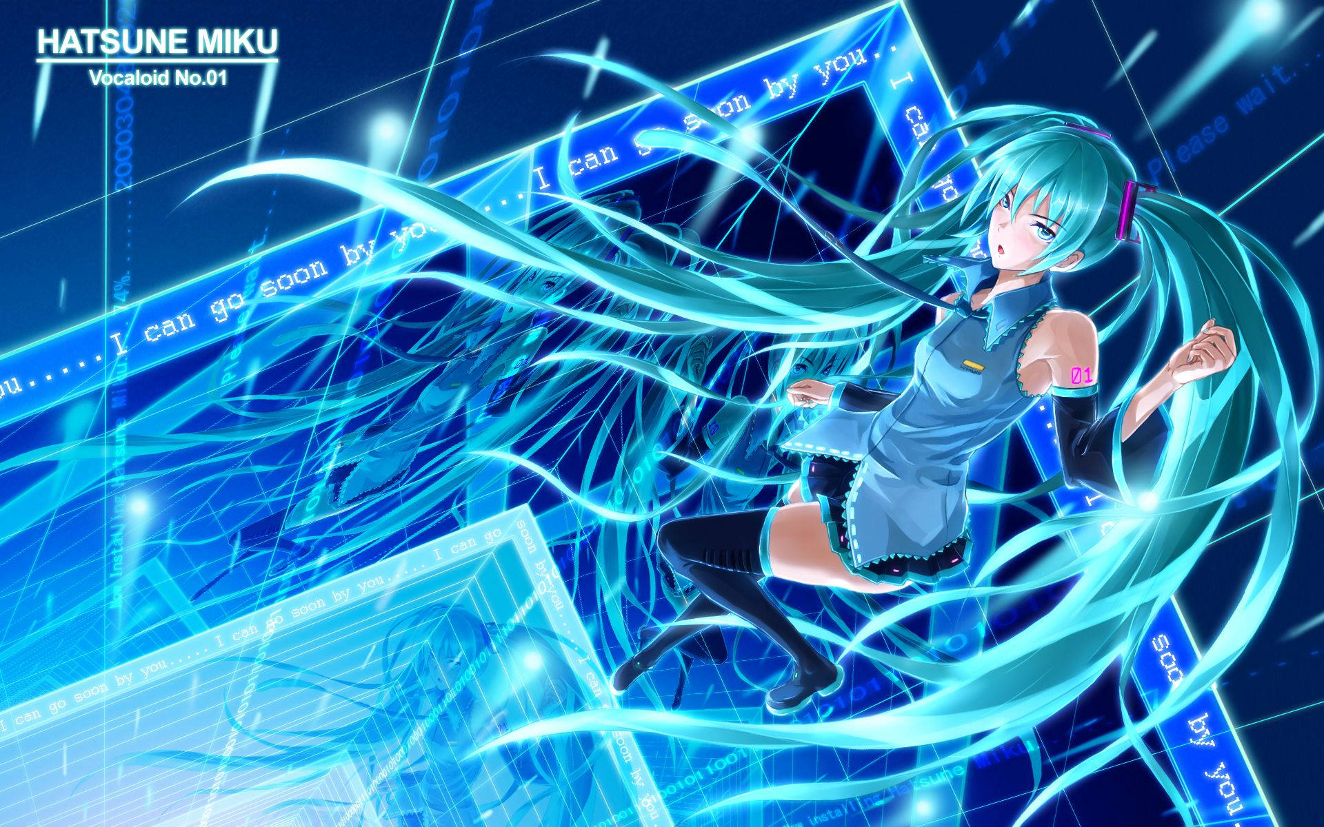 Hatsune Miku, turquoise twin-tails, glowing blue digital streams, Full HD Desktop Wallpaper