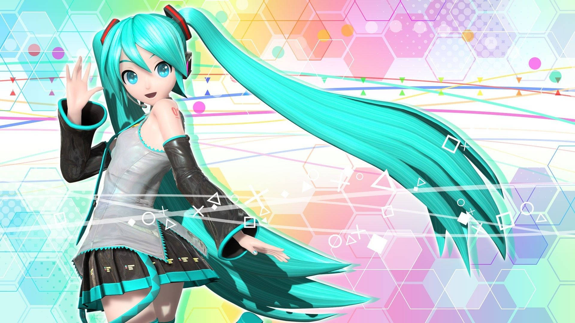 Hatsune Miku, turquoise hair, colorful geometric background, Full HD Desktop Wallpaper