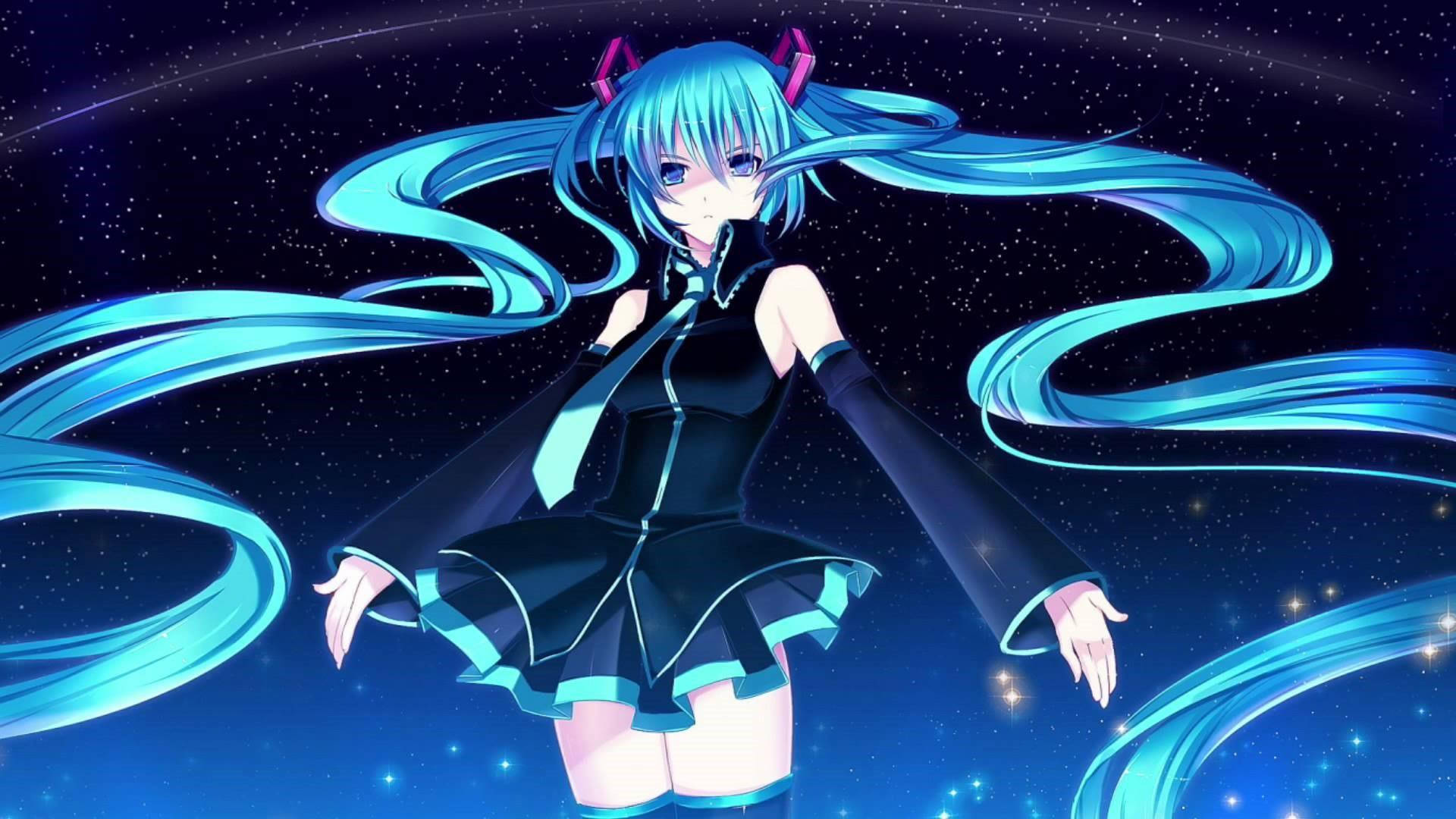 Hatsune Miku, blue hair, black outfit, Full HD Desktop Wallpaper