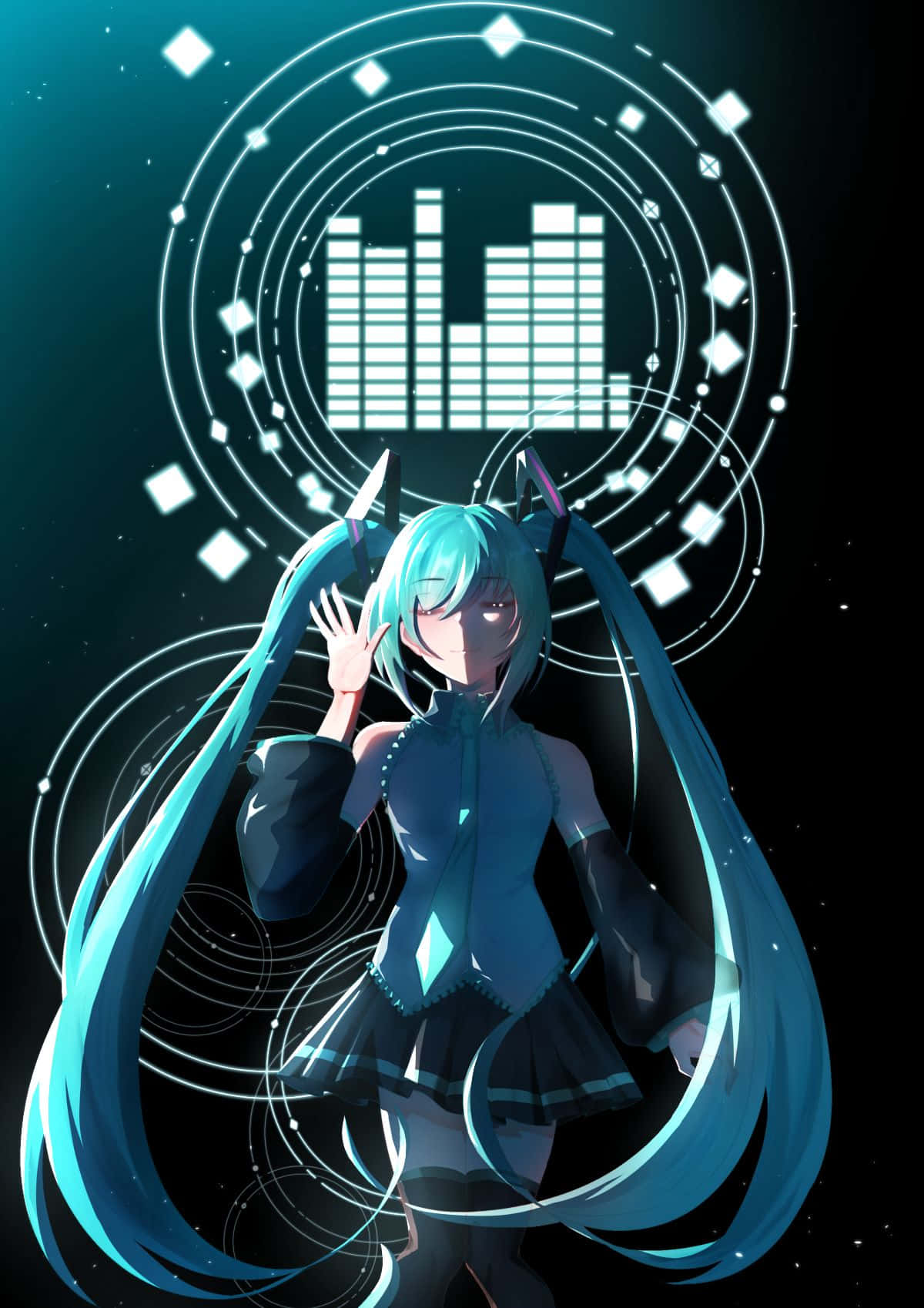 Hatsune Miku, turquoise twin tails, glowing audio wave circles, HD Phone Wallpaper