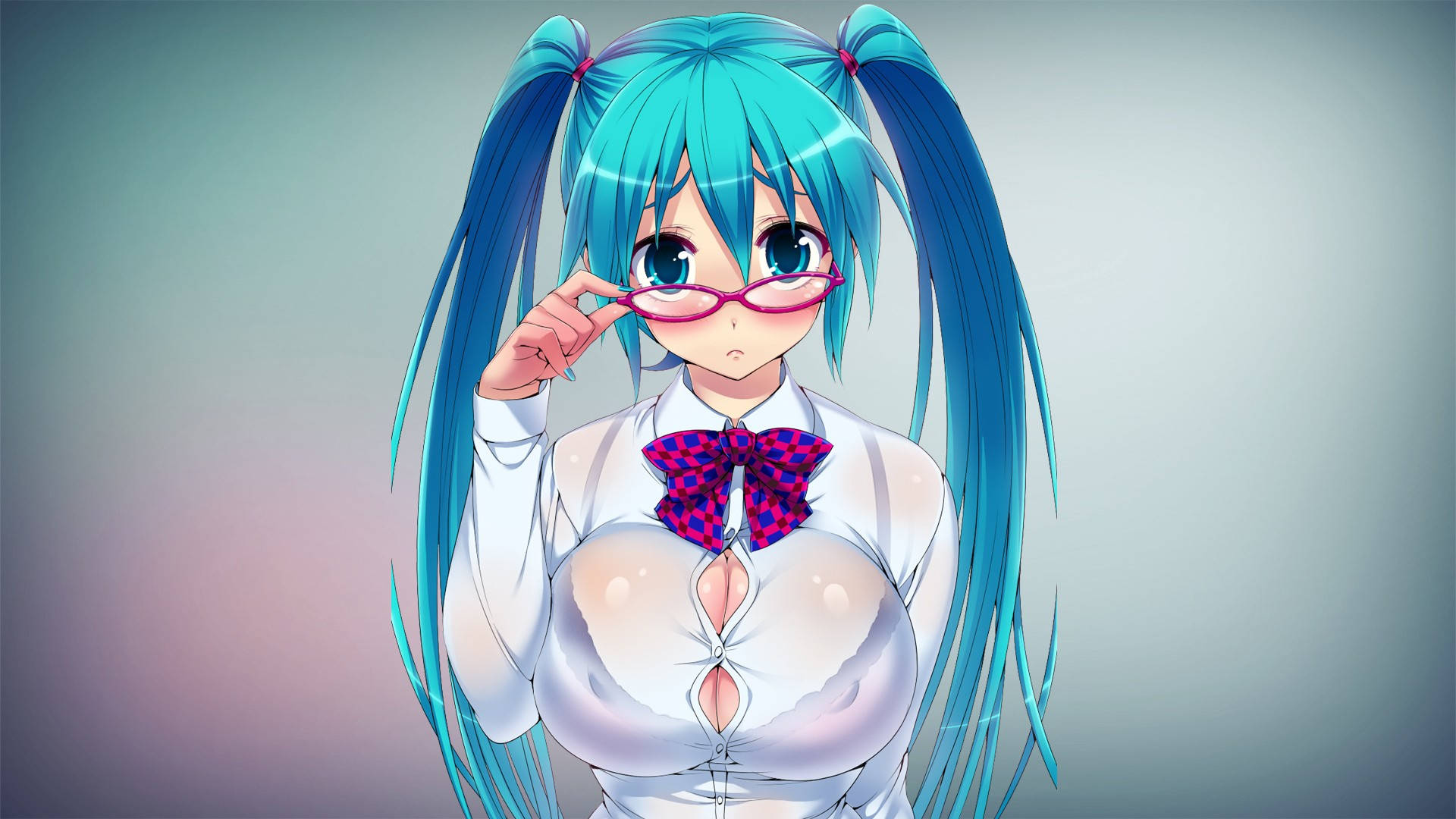 Hatsune Miku, turquoise pigtails, pink glasses, Full HD Desktop Wallpaper