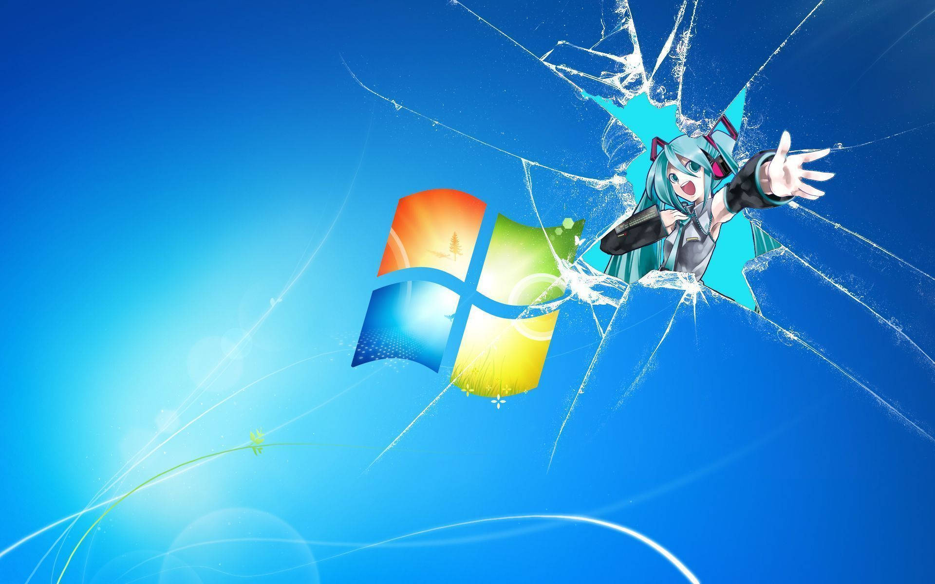 Hatsune Miku, Windows logo, shattered glass effect, Full HD Desktop Wallpaper