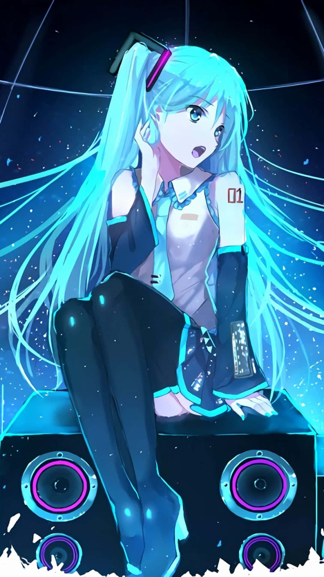 Hatsune Miku, glowing cyan hair, glowing speakers, Full HD Phone Wallpaper