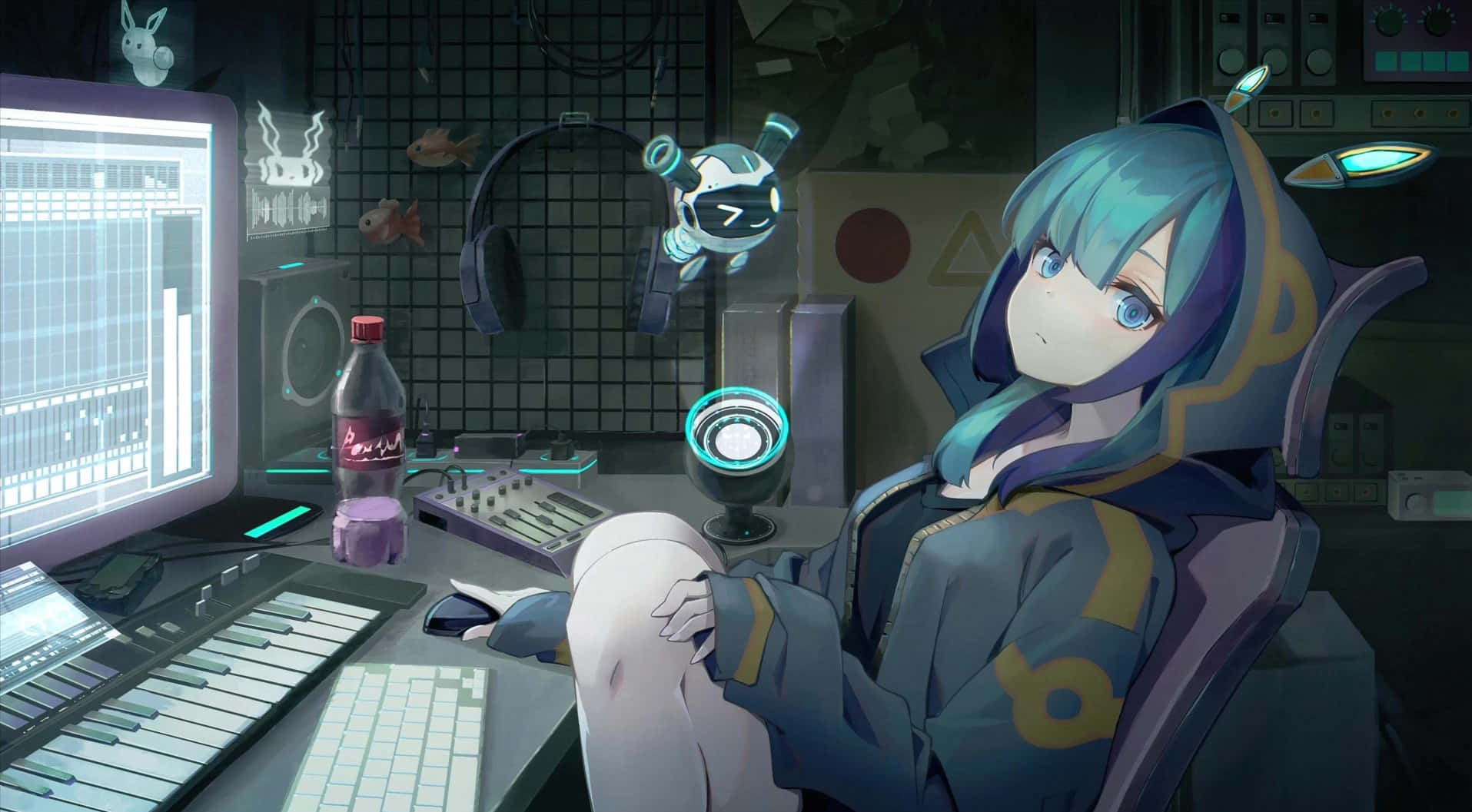 Hatsune Miku, blue-haired anime girl, dimly lit tech studio, HD Desktop Wallpaper