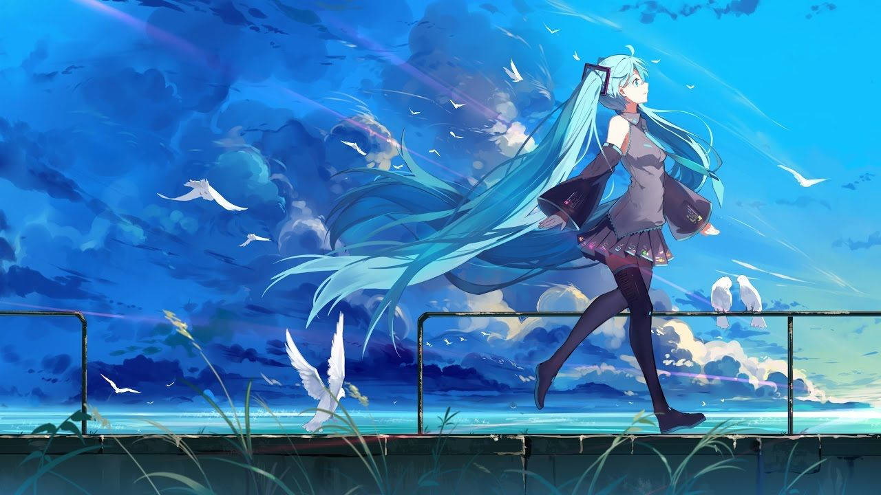Hatsune Miku, turquoise hair, seaside railing, HD Desktop Wallpaper