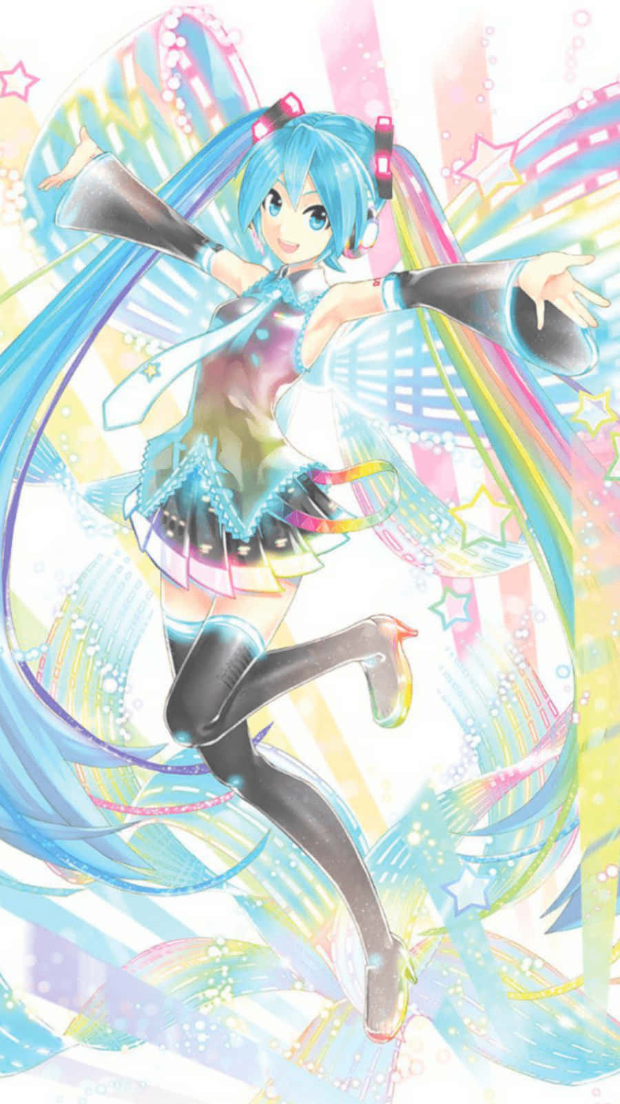 Hatsune Miku, turquoise pigtails, rainbow ribbons, HD Phone Wallpaper