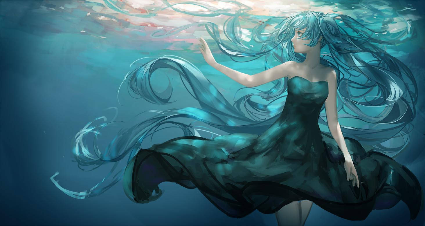 Hatsune Miku, blue-haired anime girl, flowing teal dress, HD Desktop Wallpaper