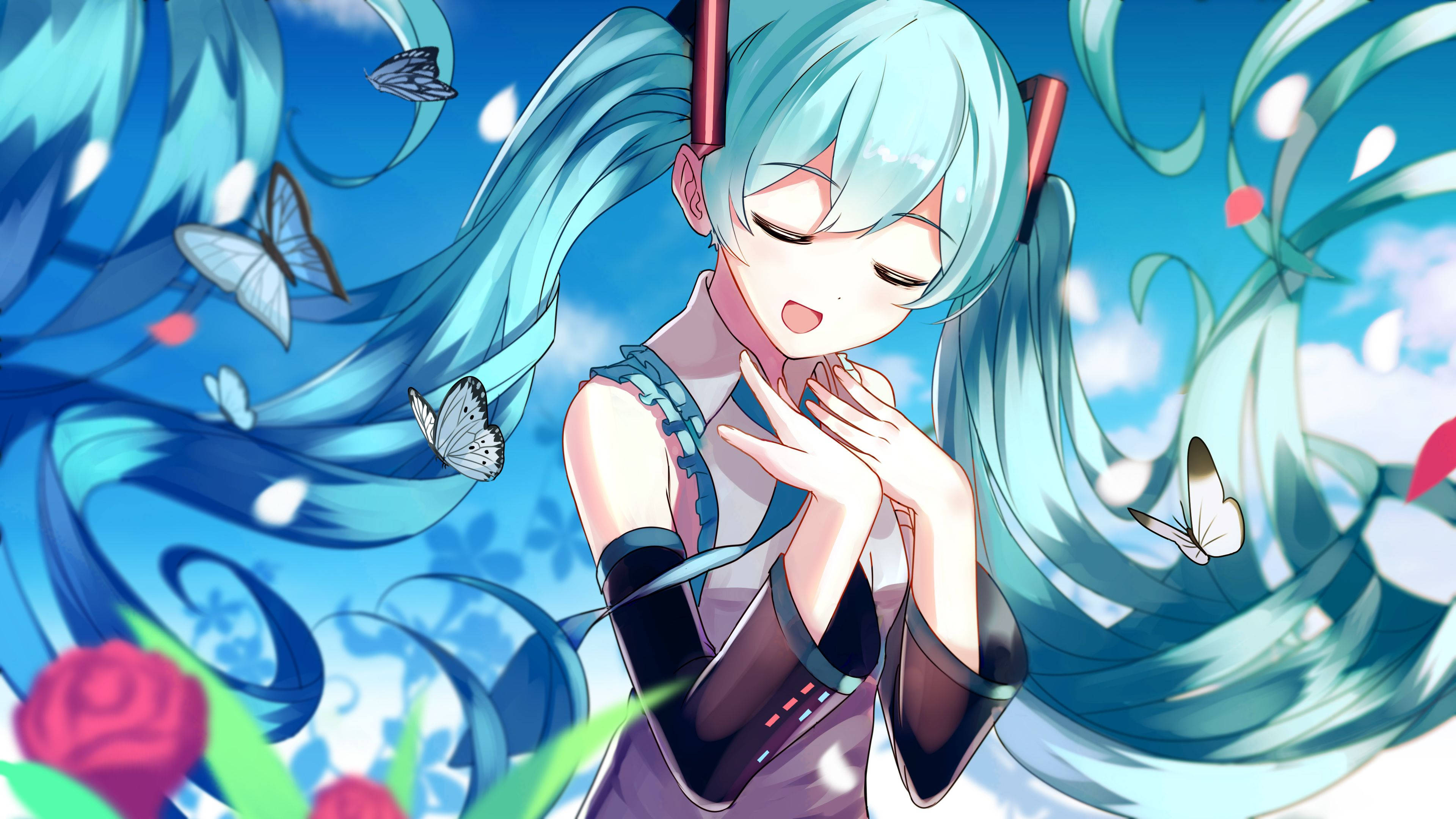 Hatsune Miku, turquoise twin tails, butterflies, 4K Desktop Wallpaper