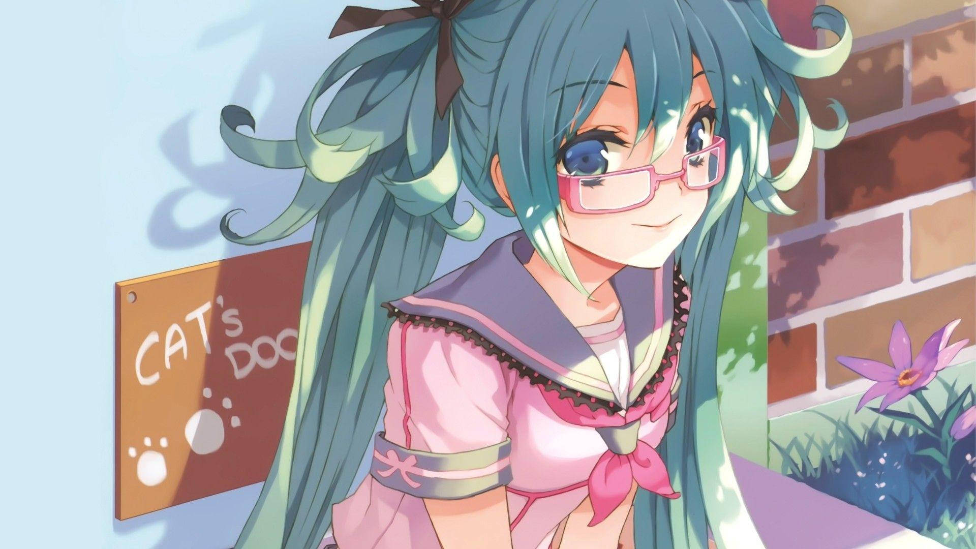 Hatsune Miku, teal hair, pink glasses, Full HD Desktop Wallpaper