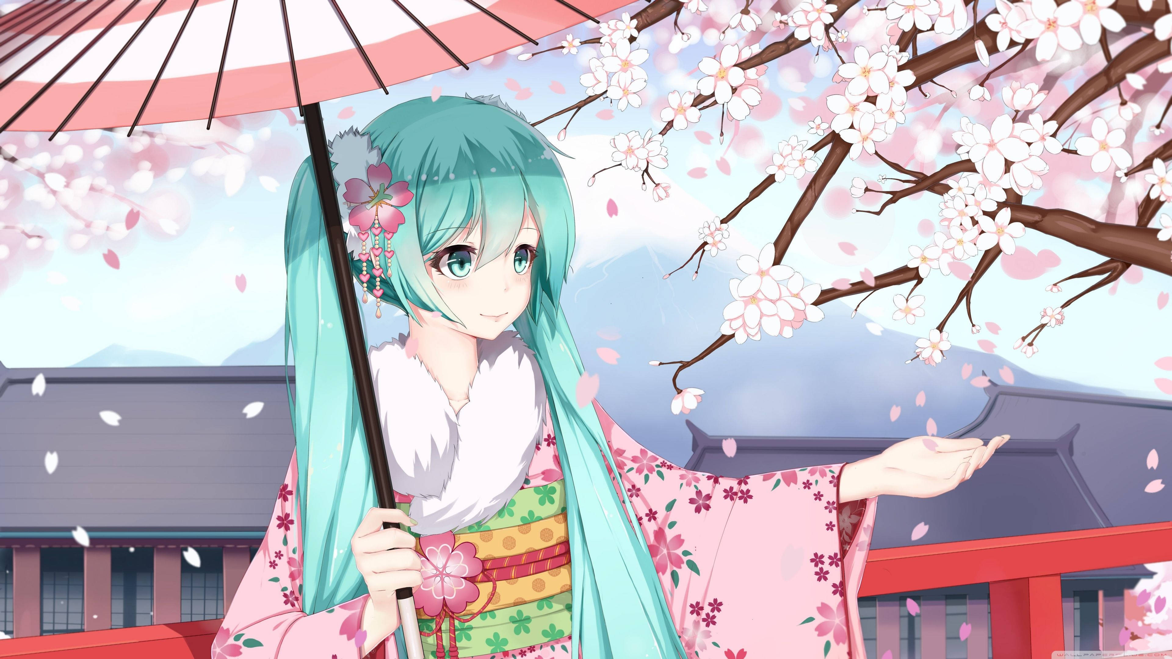 Hatsune Miku, cherry blossom tree, pink floral kimono, 4K Desktop Wallpaper