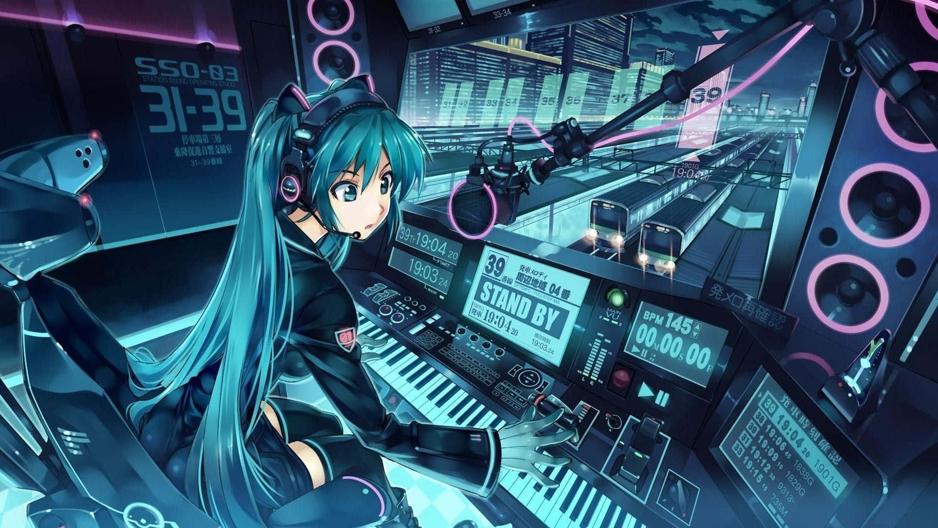 Hatsune Miku, teal hair, glowing futuristic DJ console, Full HD Desktop Wallpaper