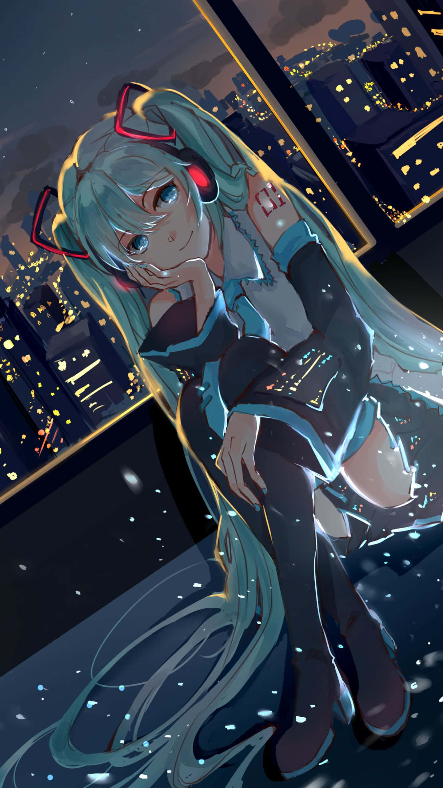 Hatsune Miku, teal hair, red headphones, 2K Phone Wallpaper
