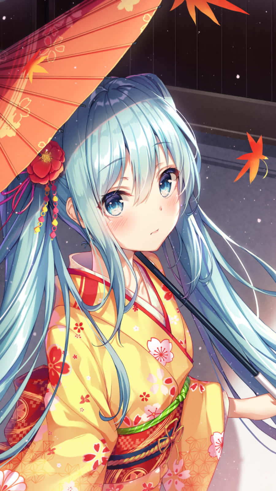 Hatsune Miku, yellow kimono, orange umbrella, HD Phone Wallpaper
