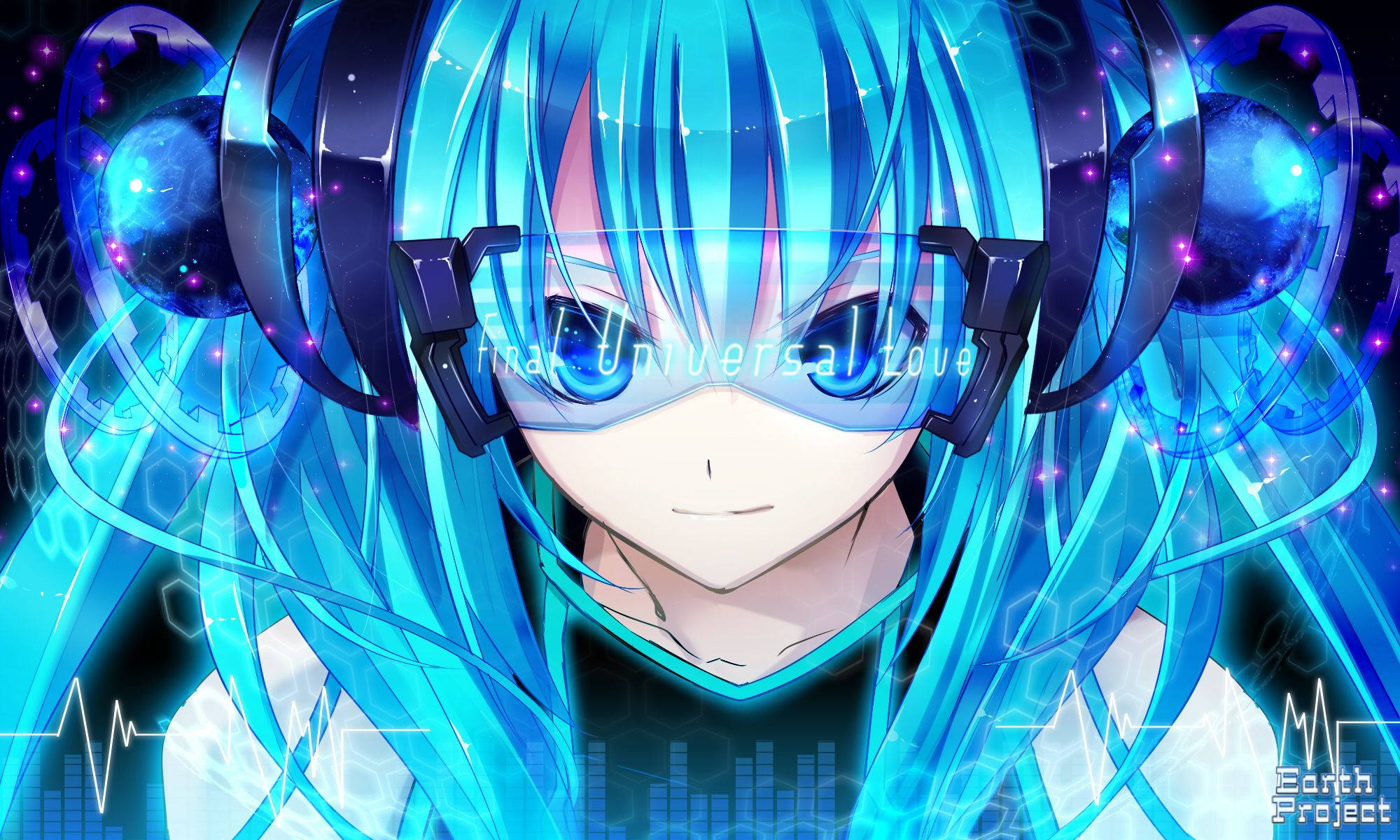 Hatsune Miku, glowing blue hair, futuristic goggles, Full HD Desktop Wallpaper