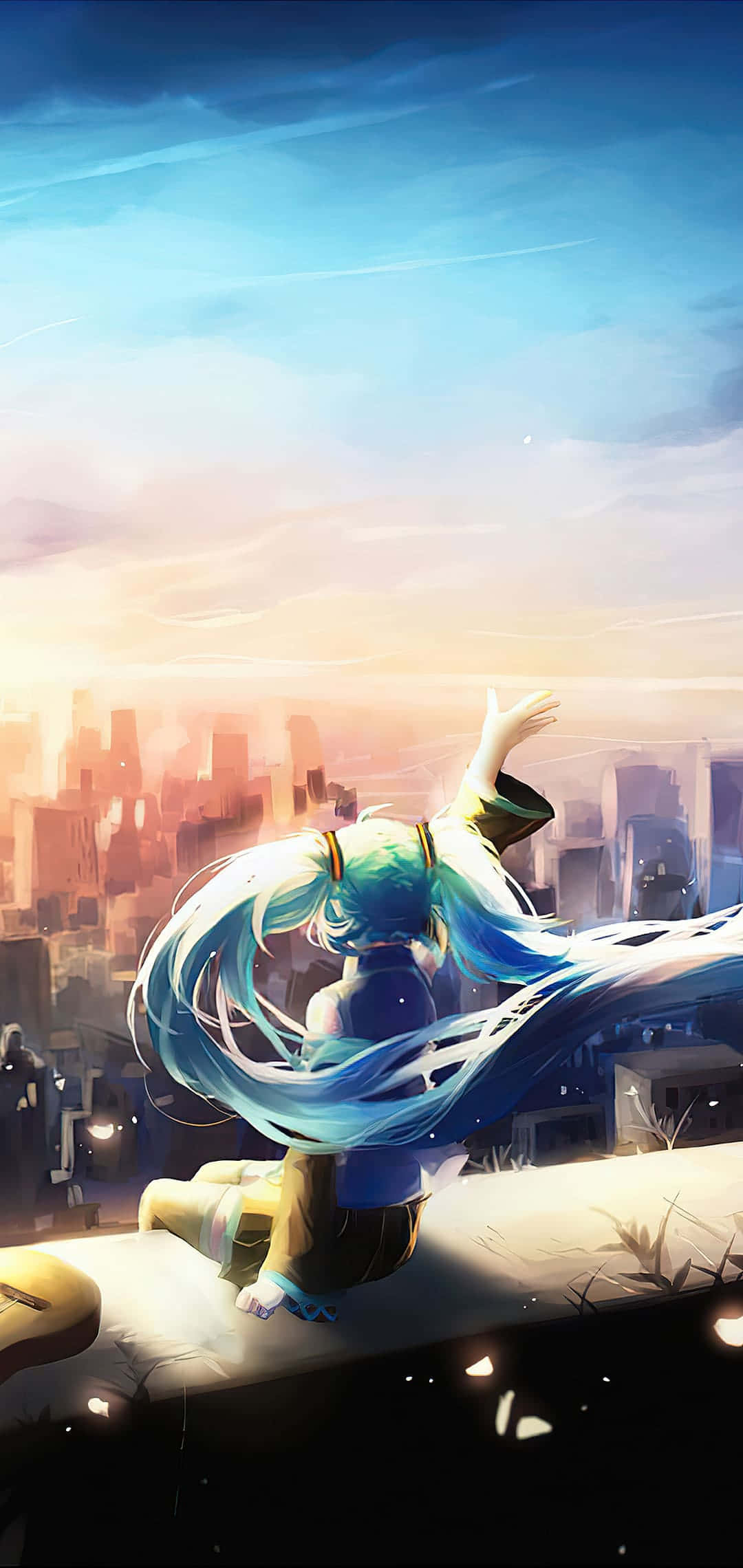 Hatsune Miku, blue-haired anime girl, rooftop, Full HD Phone Wallpaper